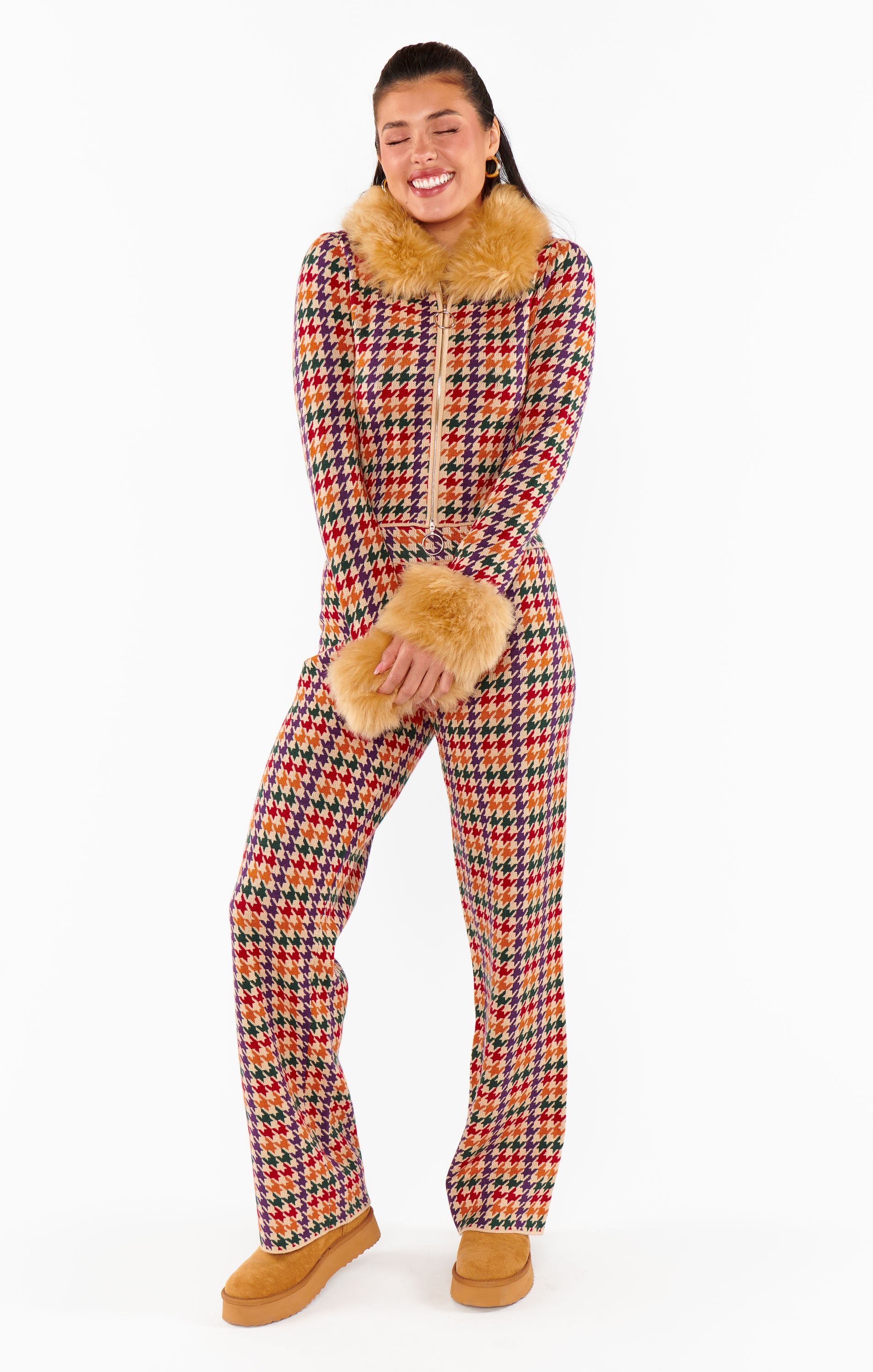 Faux Fur Collar Sweater with Houndstooth Design | Zermatt Zip Up