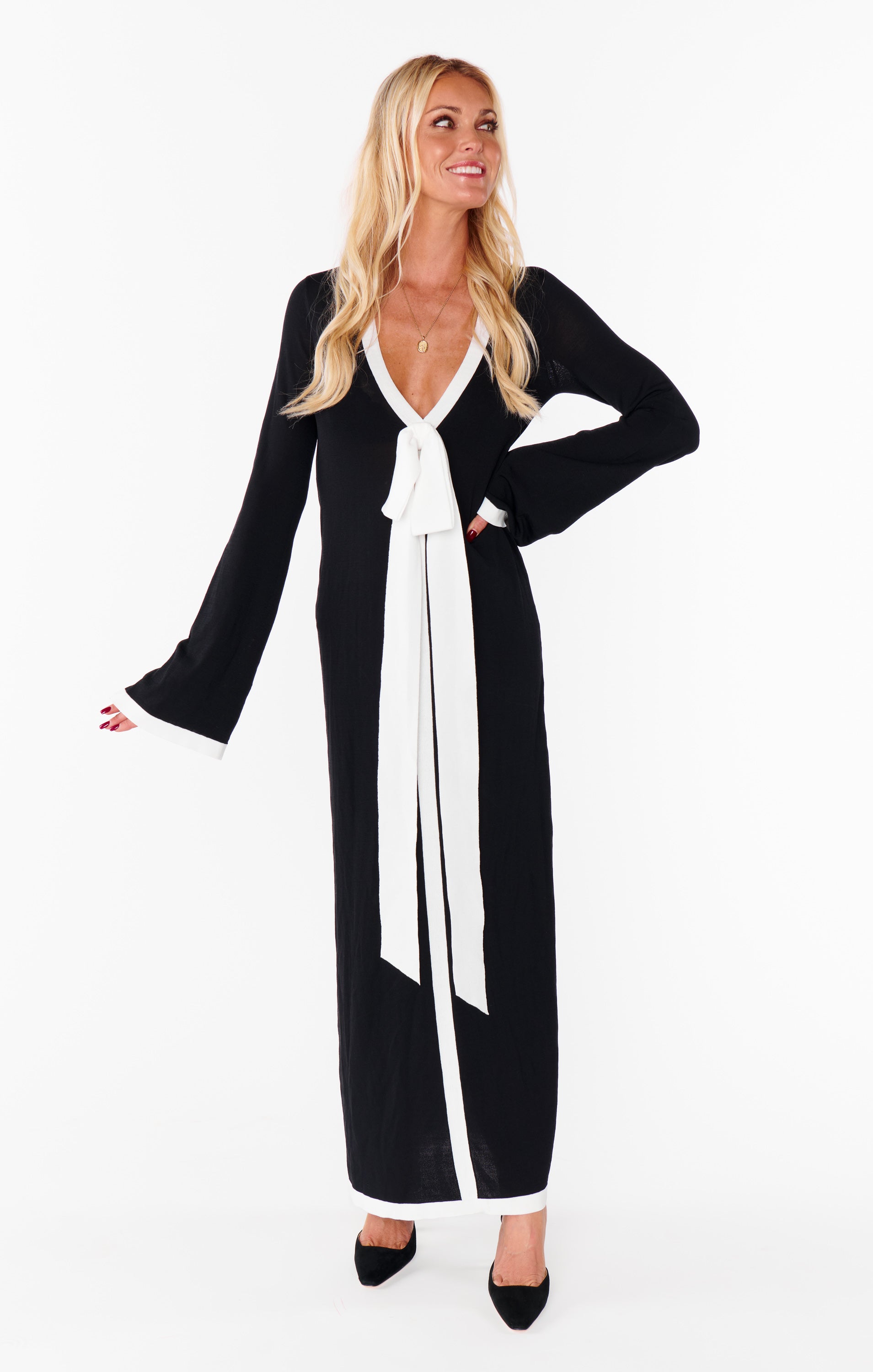 Black and White Contrast Knit Dress with Bow Detail | Balboa
