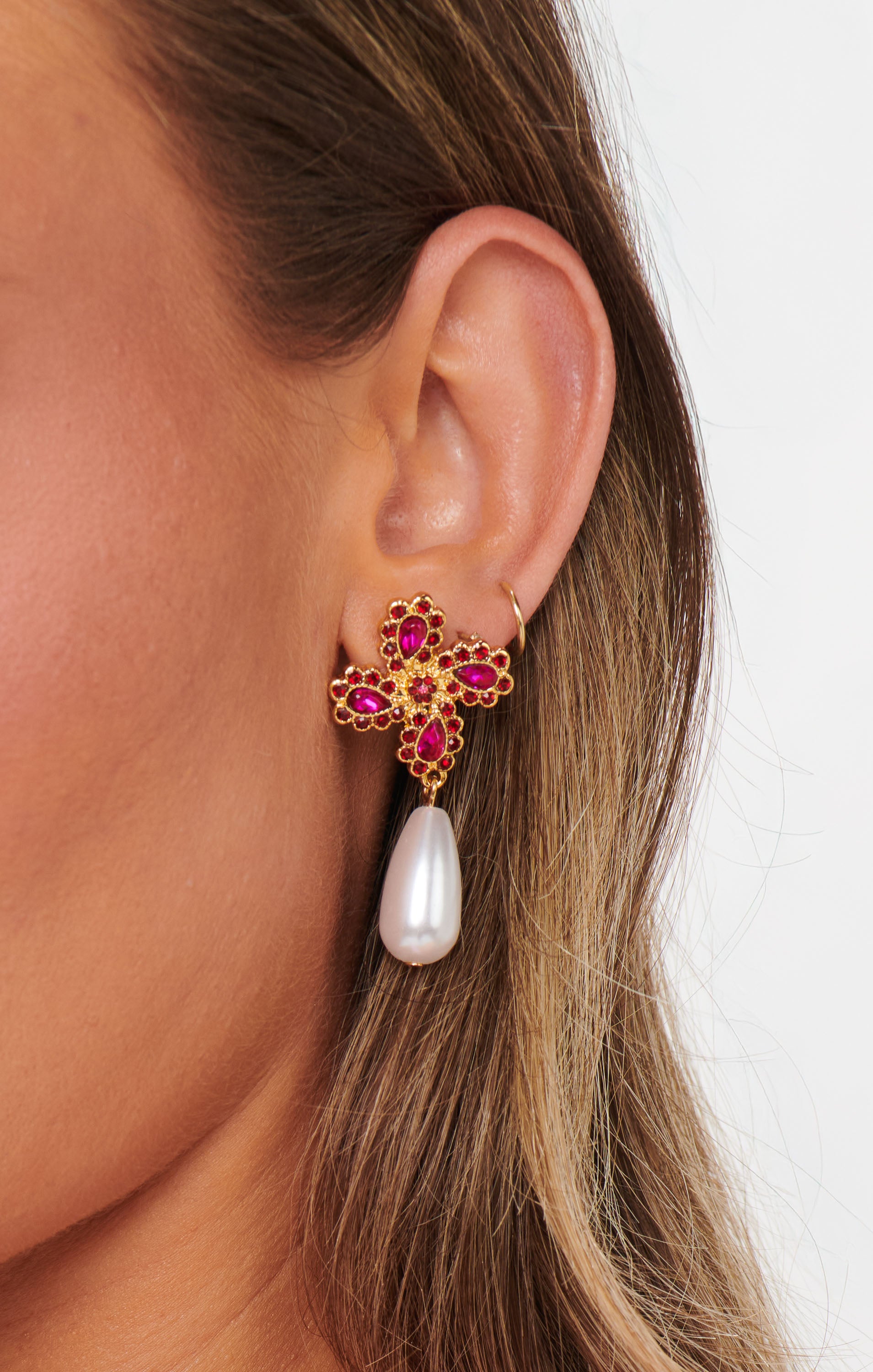 Pink Rhinestone & Faux Pearl Drop Earrings | Frasier Sterling Talia