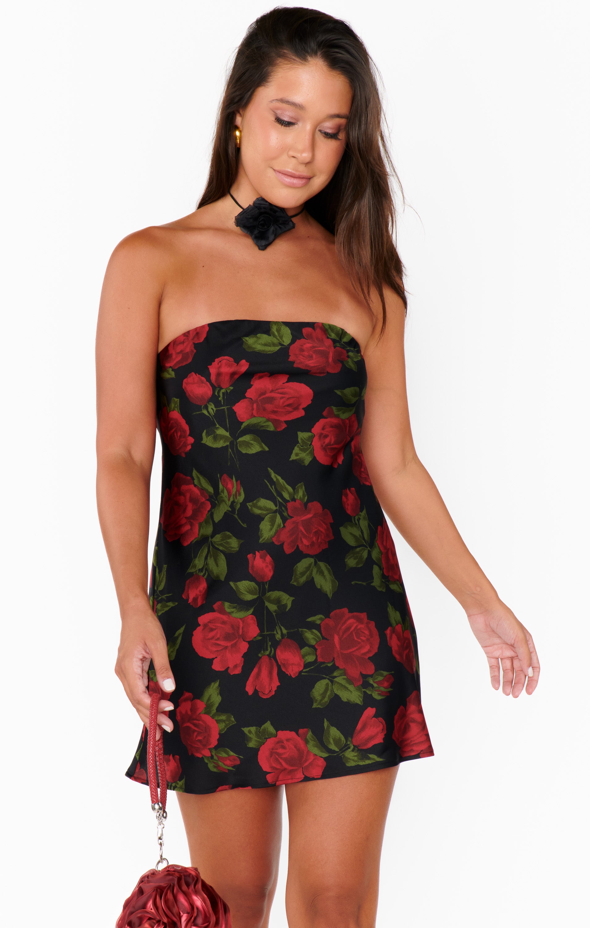 Strapless Satin Mini Dress with Floral Print | Taylor Tube