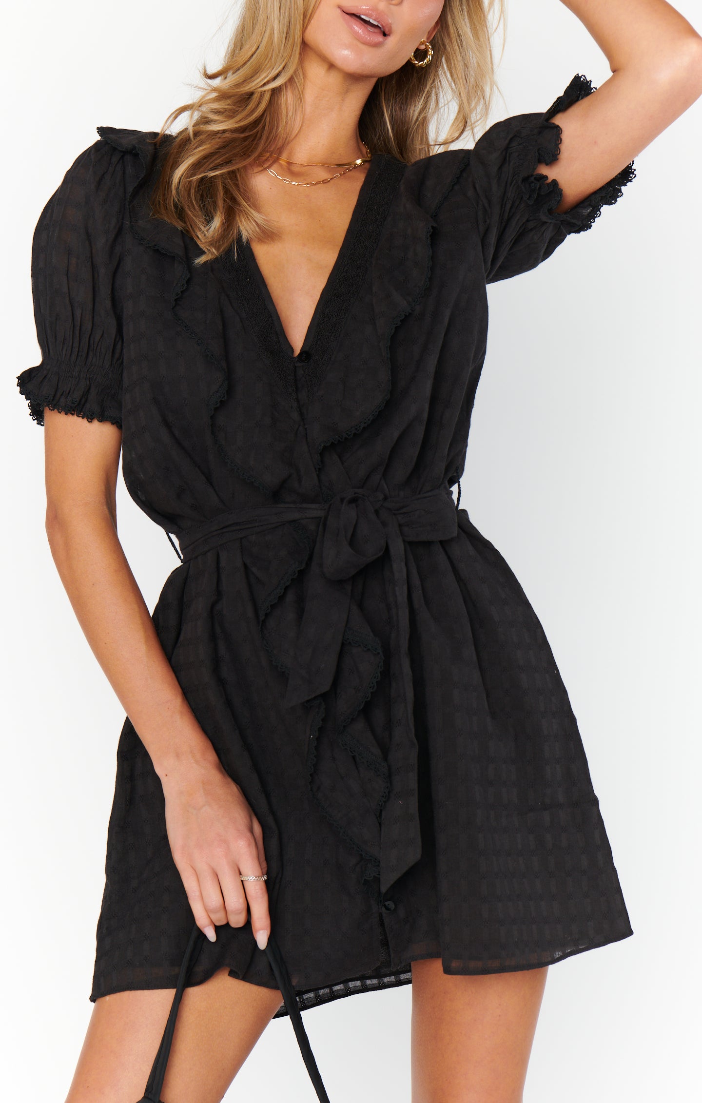 Black Voile Mini Dress with Removable Sash Belt | Marissa Dress