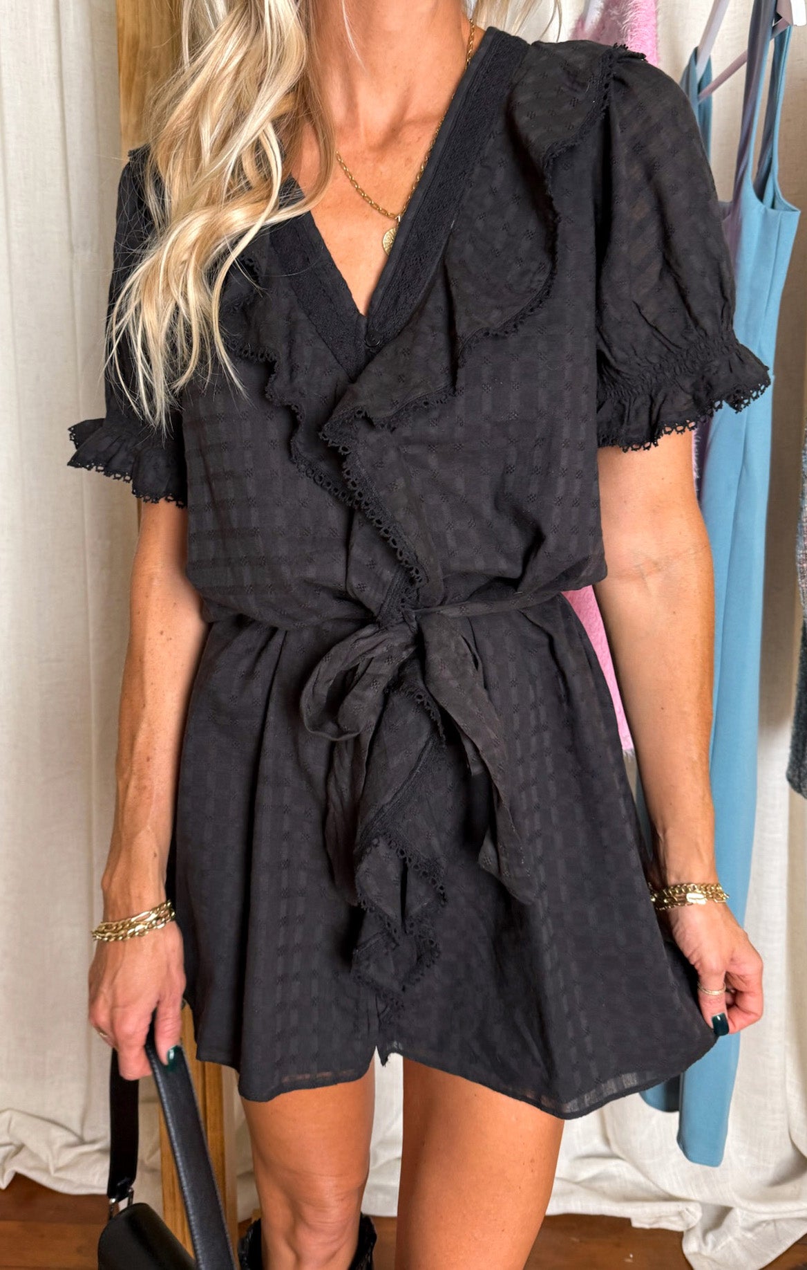 Black Voile Mini Dress with Removable Sash Belt | Marissa Dress