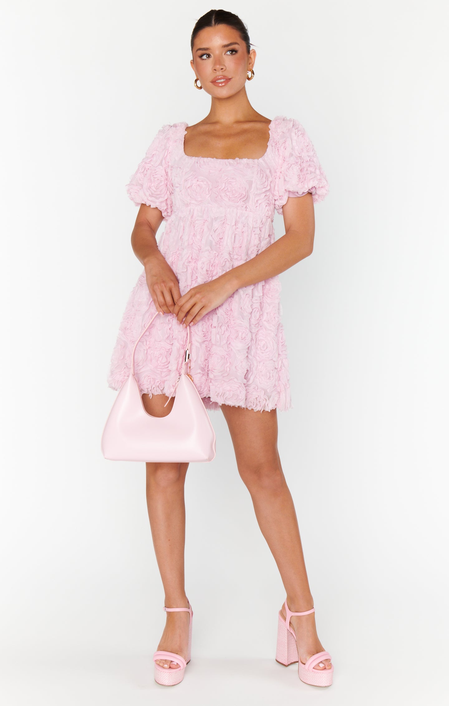 Pink Babydoll Dress with Square Neck & Puff Sleeves | Smitten