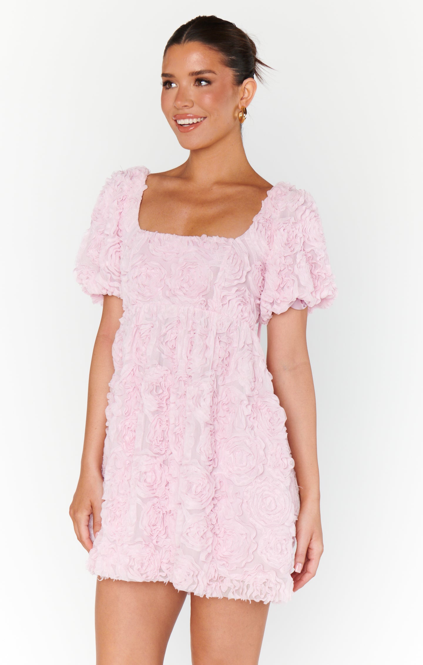 Pink Babydoll Dress with Square Neck & Puff Sleeves | Smitten
