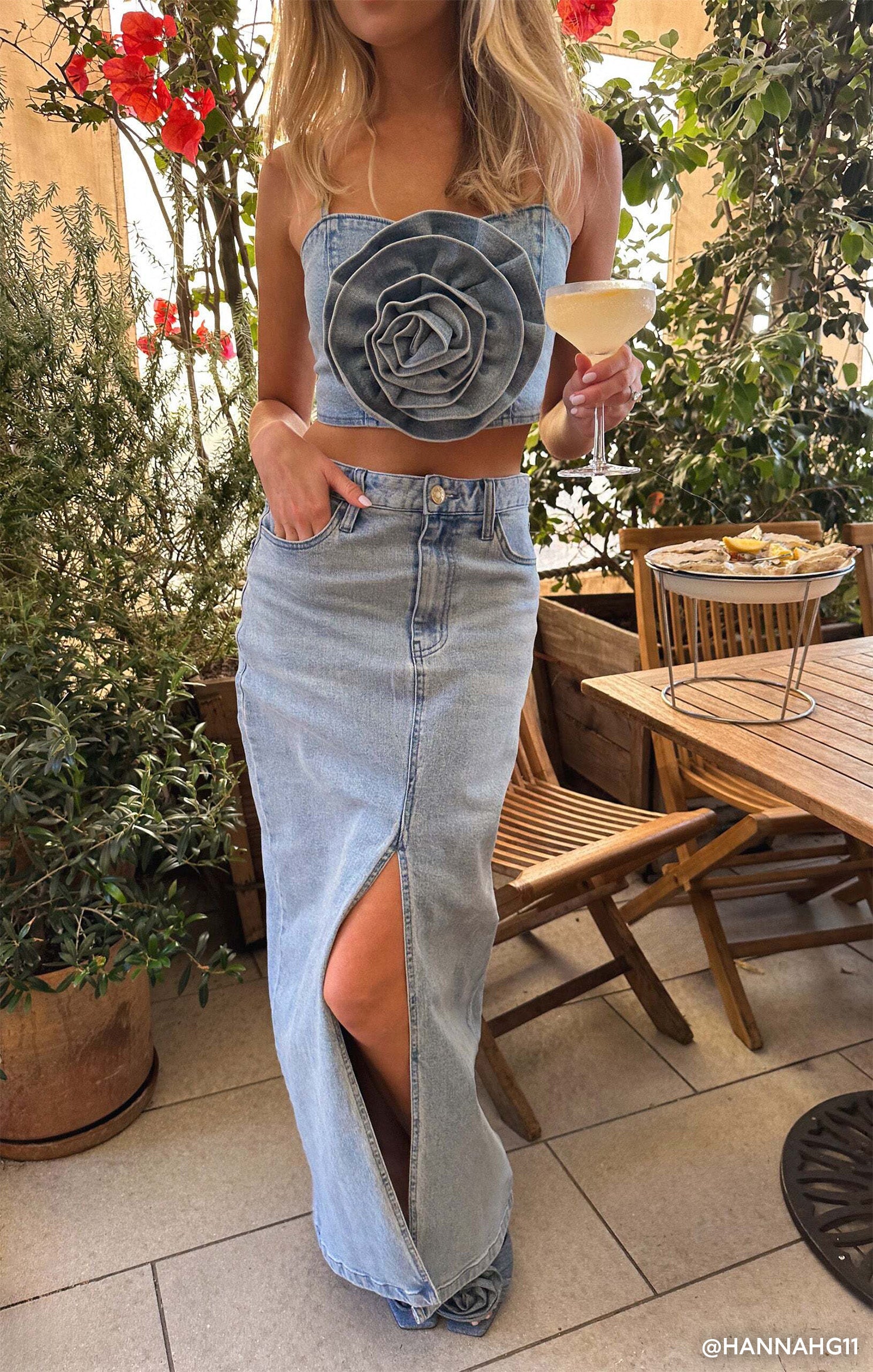 Stretchy Denim Maxi Skirt with Pockets & Slit | McEntire Stone Blue