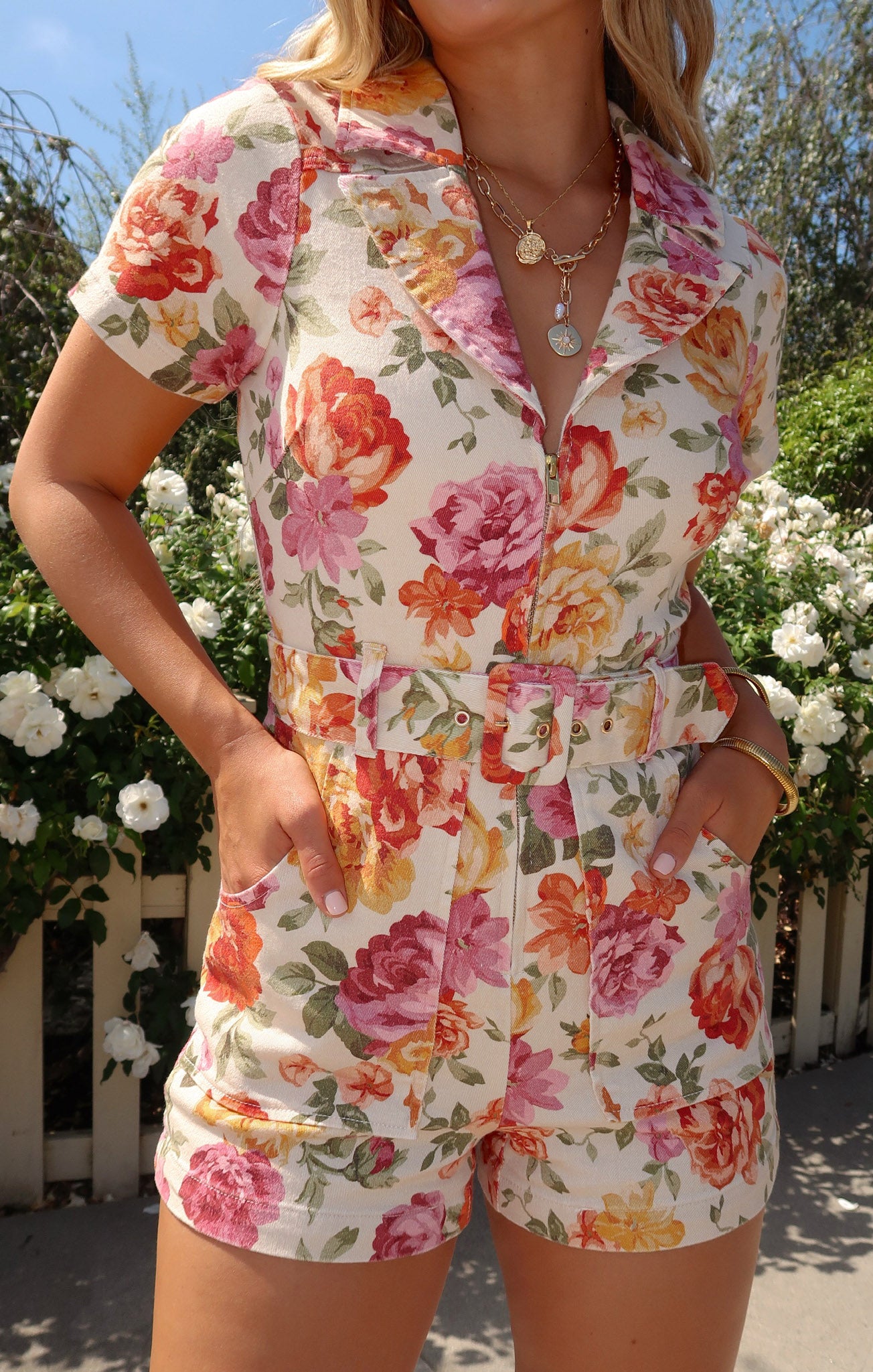 Denim Romper with Front Zip & Cargo Pockets | Outlaw Ivory Hillside Floral