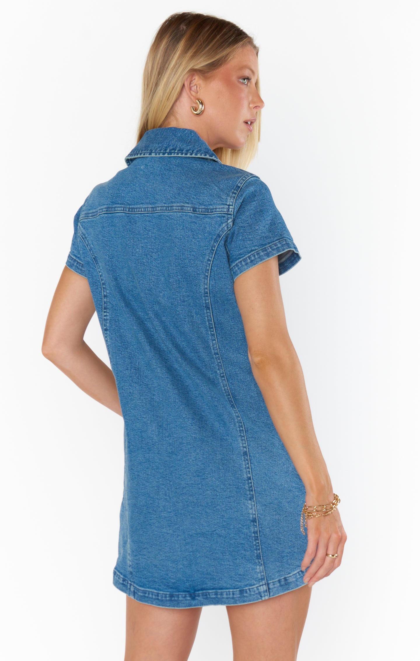 Denim Mini Dress with Zippered Front & Embroidered Pockets | Prescott