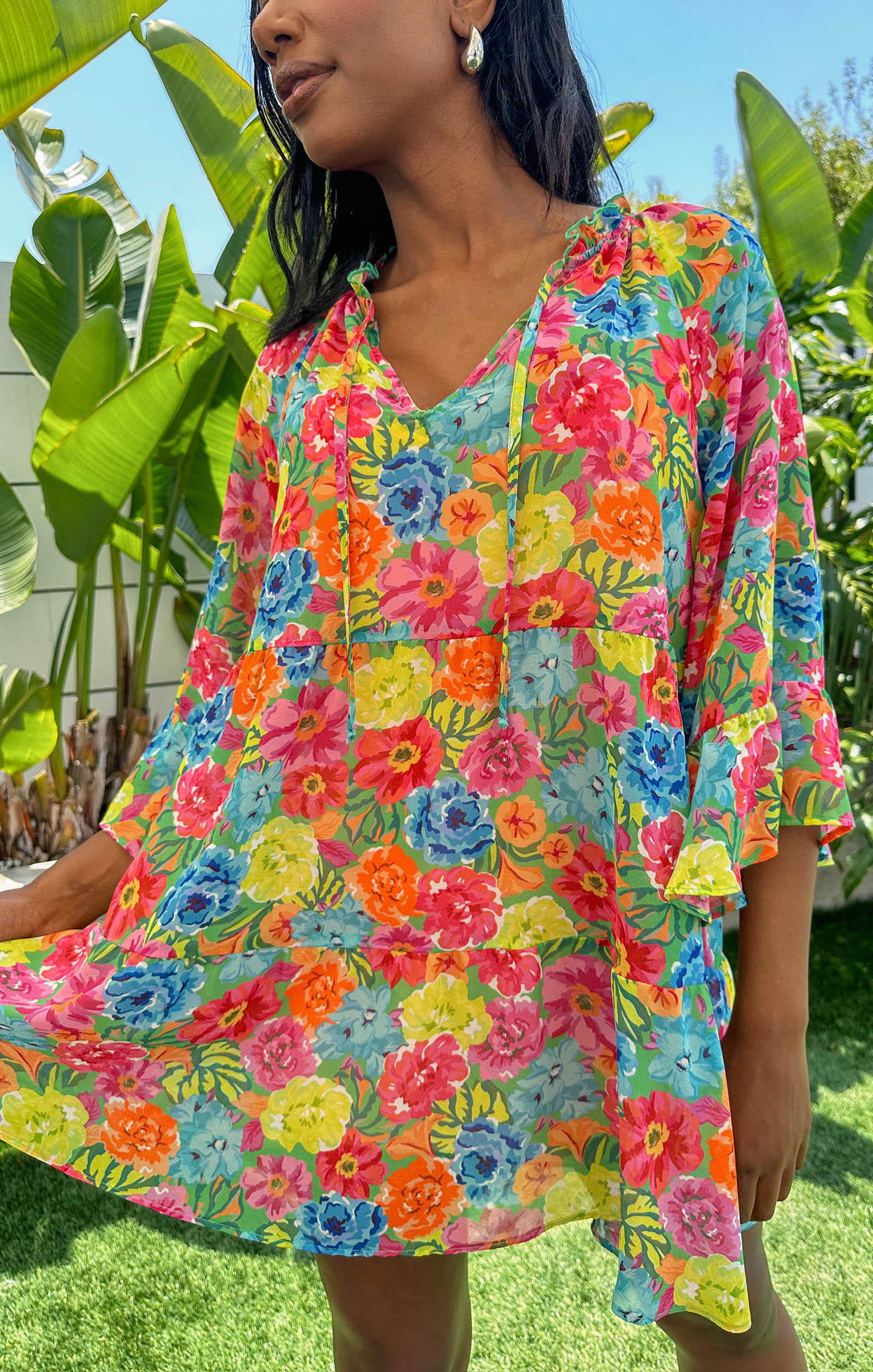 Floral Mini Dress with Tiered Skirt & Tie Front | Viola