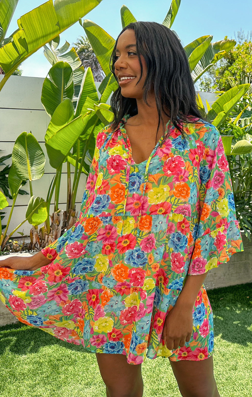 Floral Mini Dress with Tiered Skirt & Tie Front | Viola