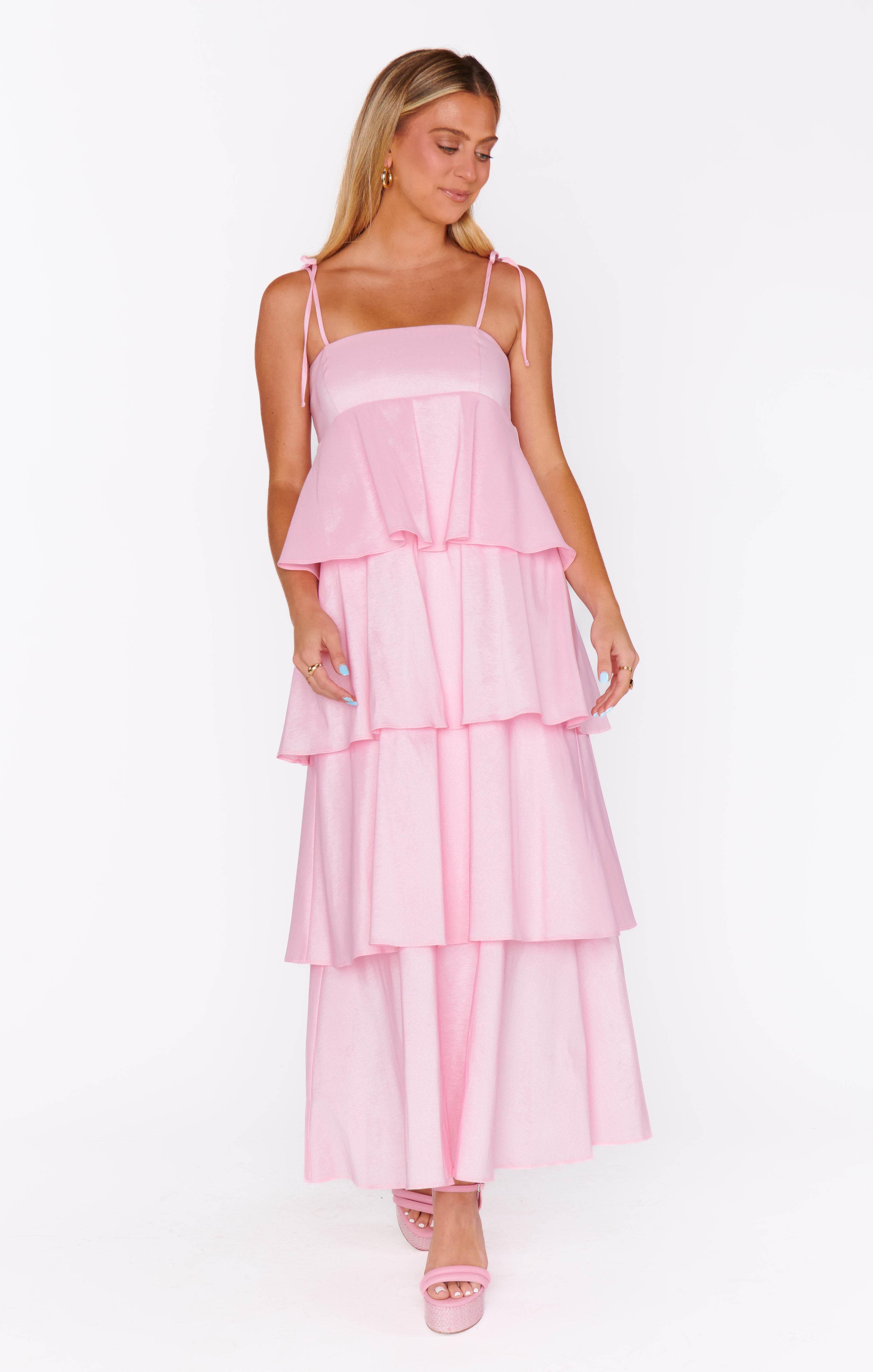 Light Pink Taffeta Midi Dress with Adjustable Straps | Meet Cute