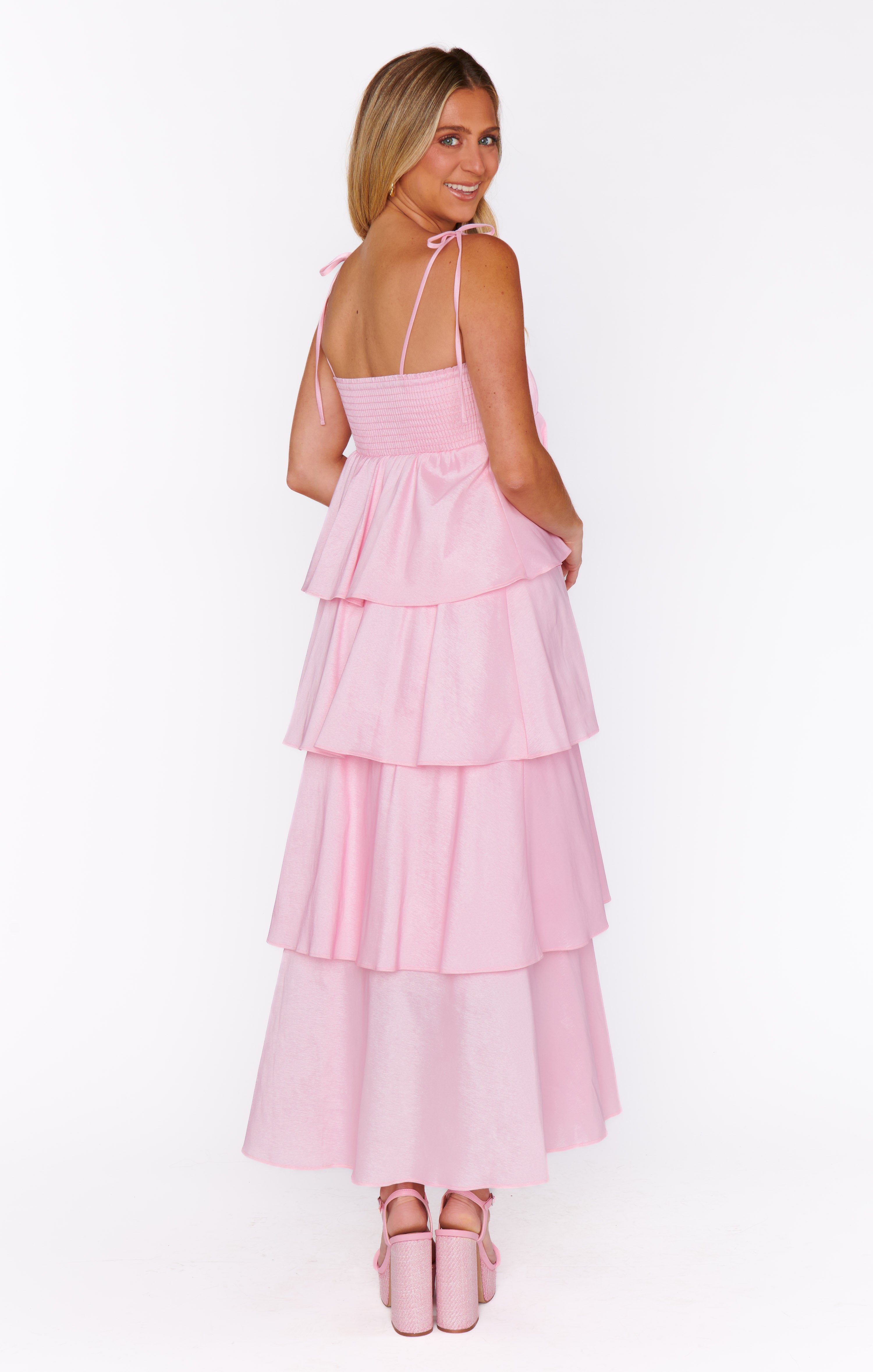 Light Pink Taffeta Midi Dress with Adjustable Straps | Meet Cute