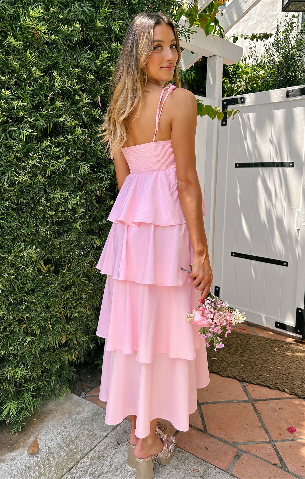 Light Pink Taffeta Midi Dress with Adjustable Straps | Meet Cute