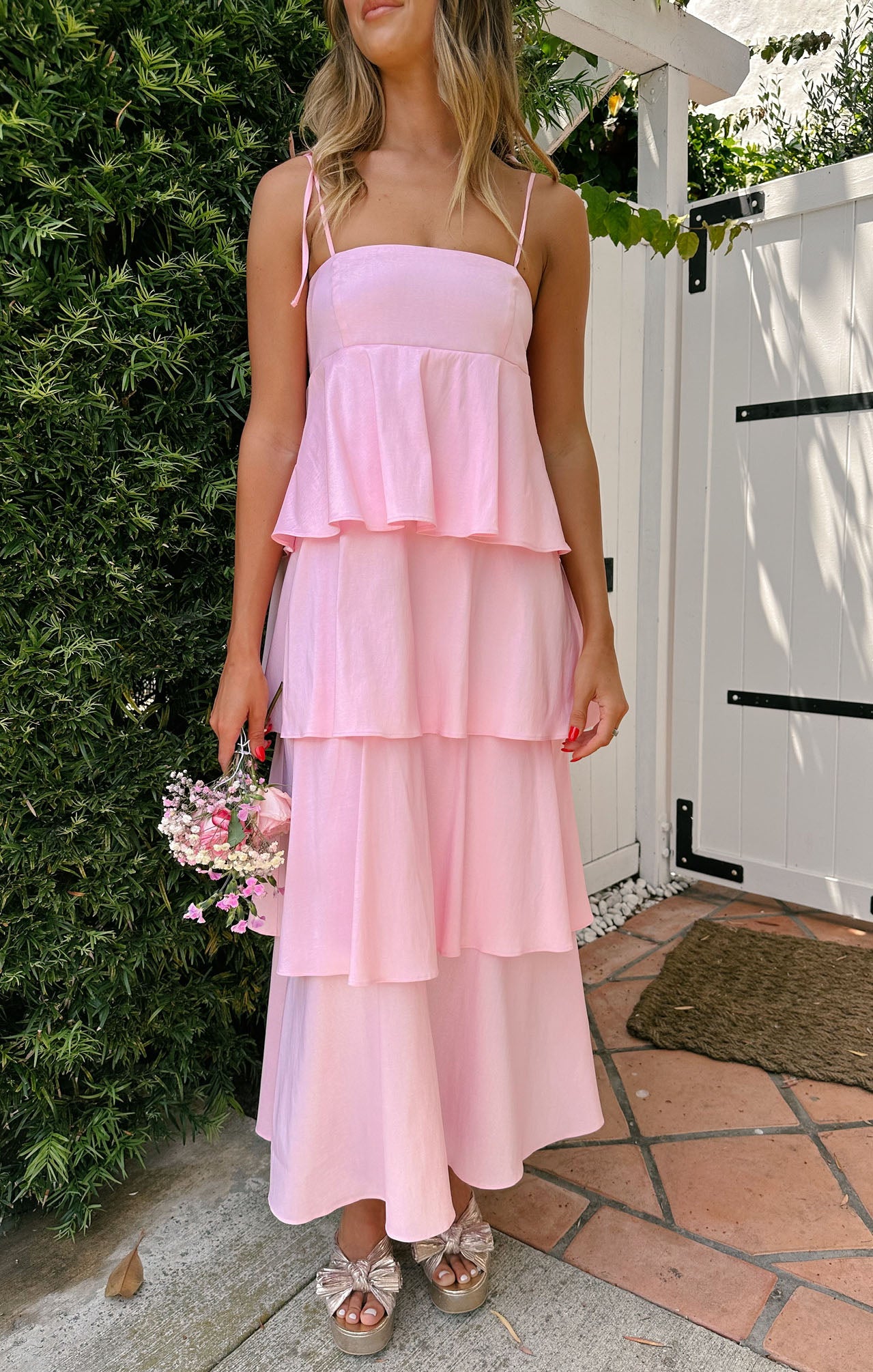 Light Pink Taffeta Midi Dress with Adjustable Straps | Meet Cute