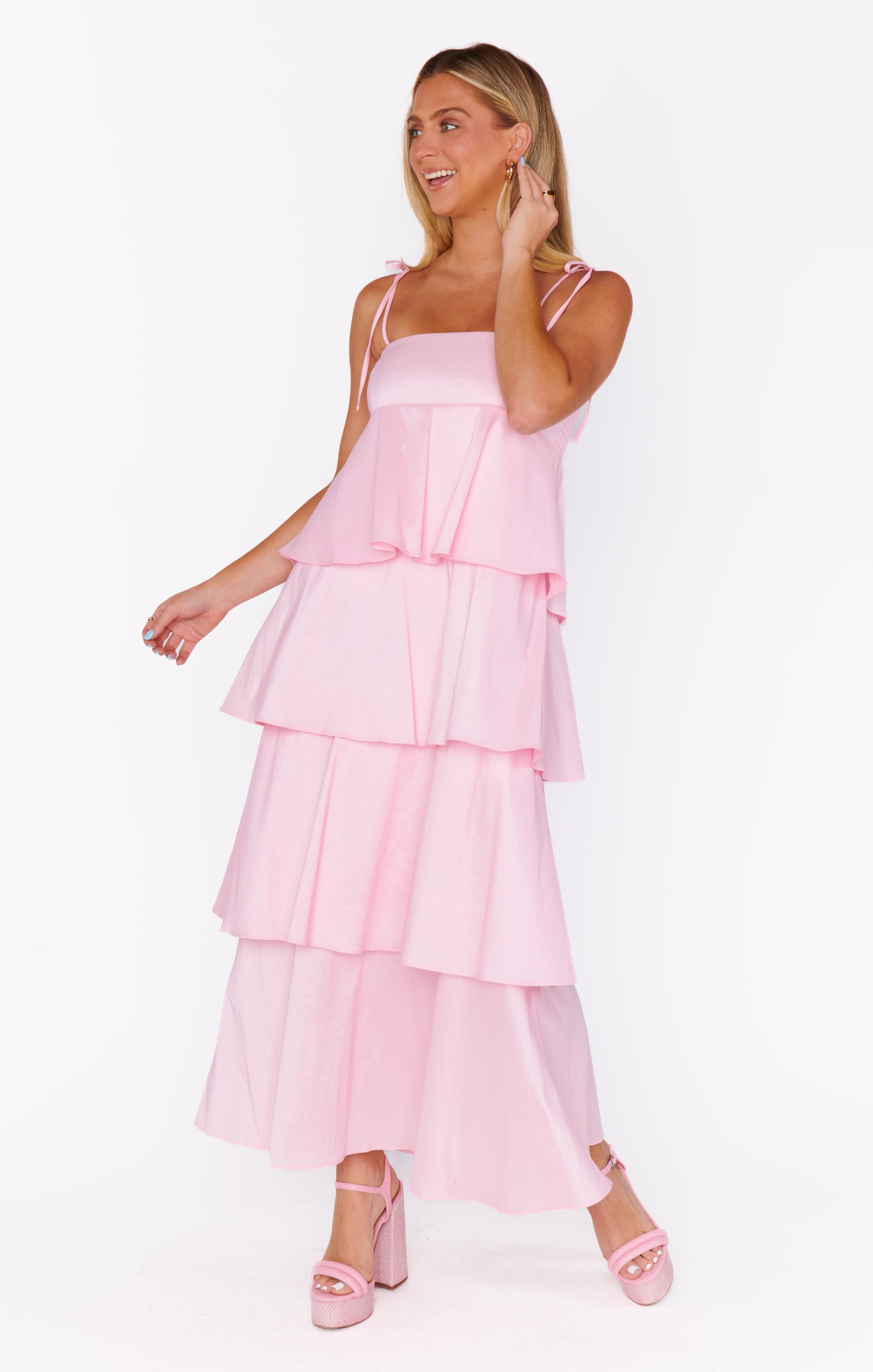 Light Pink Taffeta Midi Dress with Adjustable Straps | Meet Cute