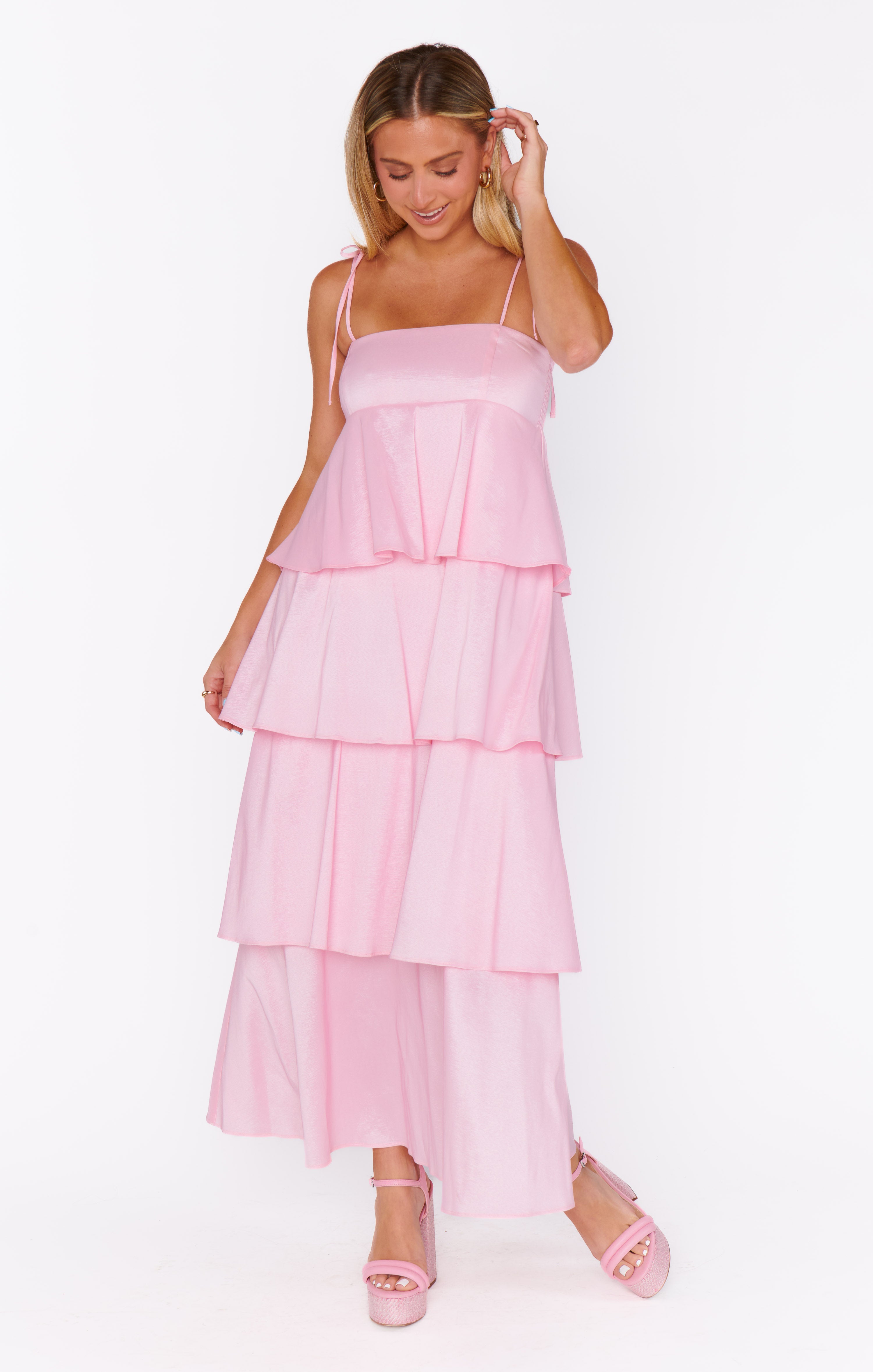 Light Pink Taffeta Midi Dress with Adjustable Straps | Meet Cute