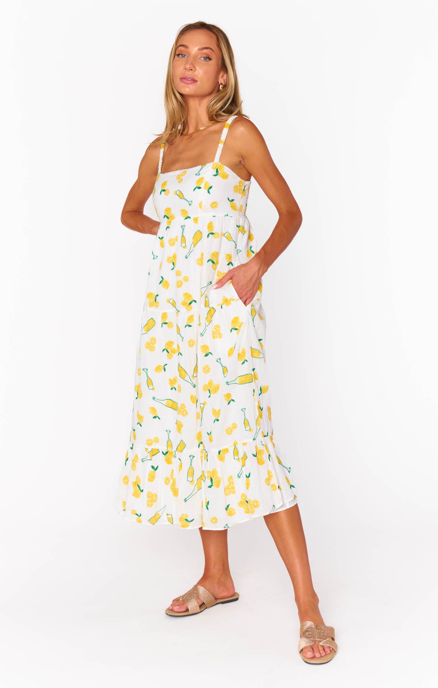 Lemon Embroidery Midi Dress | Summer Fling with Smocked Straps