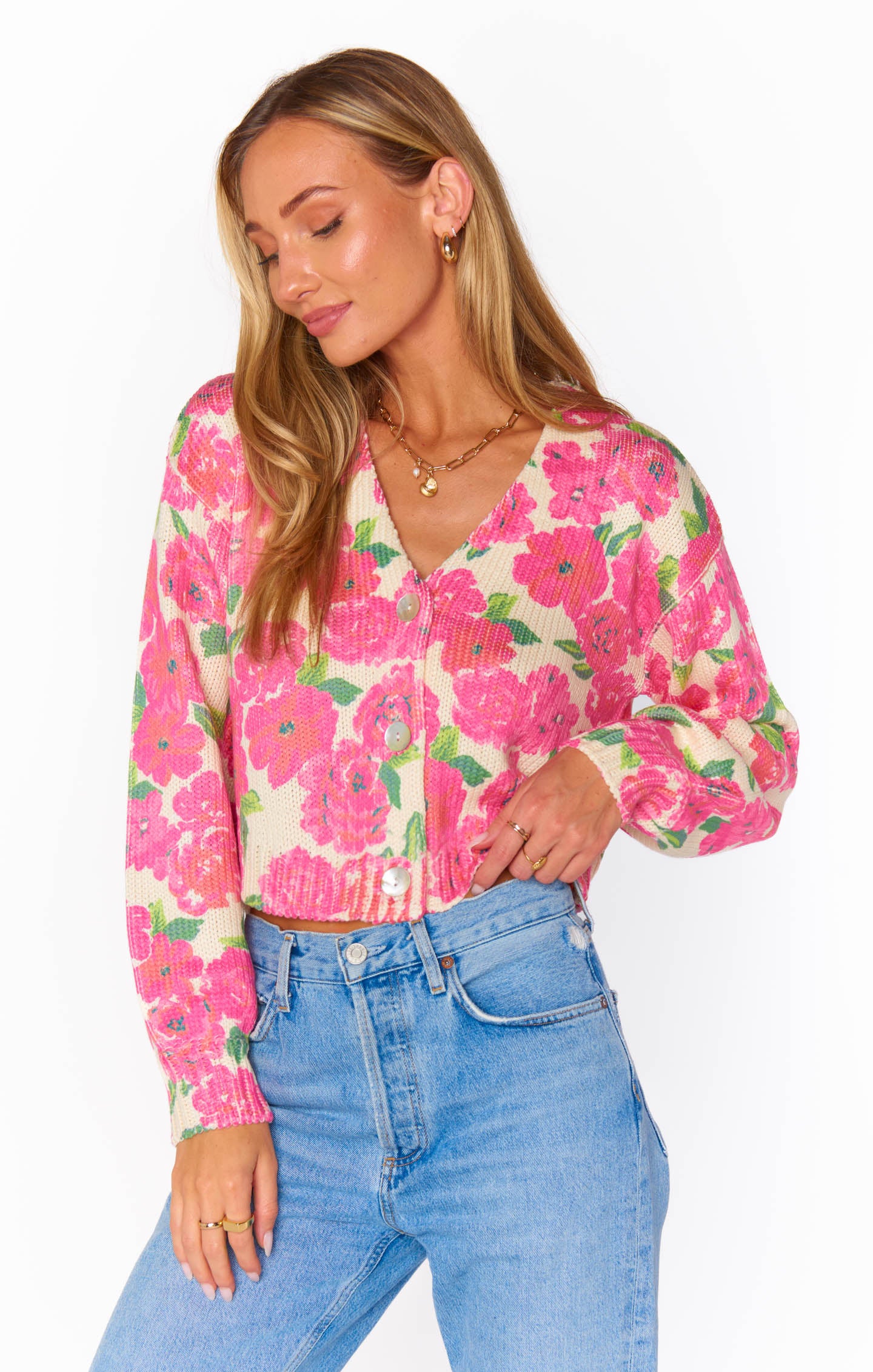 Floral Cropped Cardigan with V-Neck & Bishop Sleeves | Clemmie Cardi