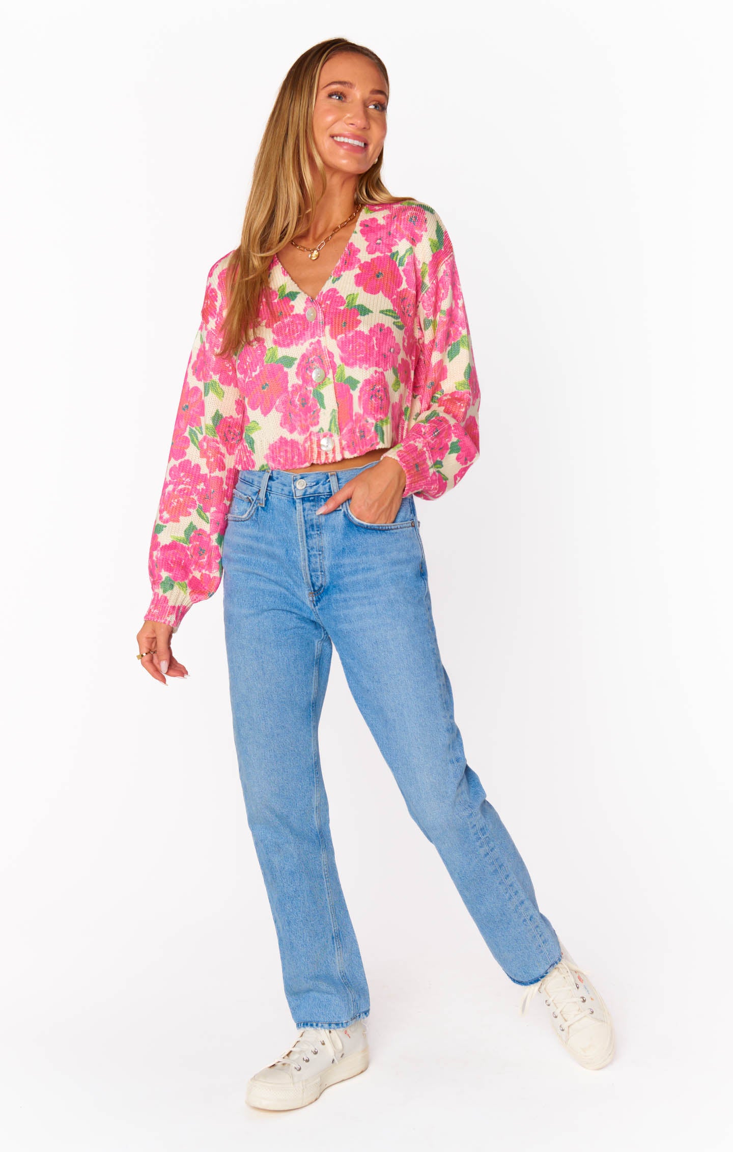 Floral Cropped Cardigan with V-Neck & Bishop Sleeves | Clemmie Cardi