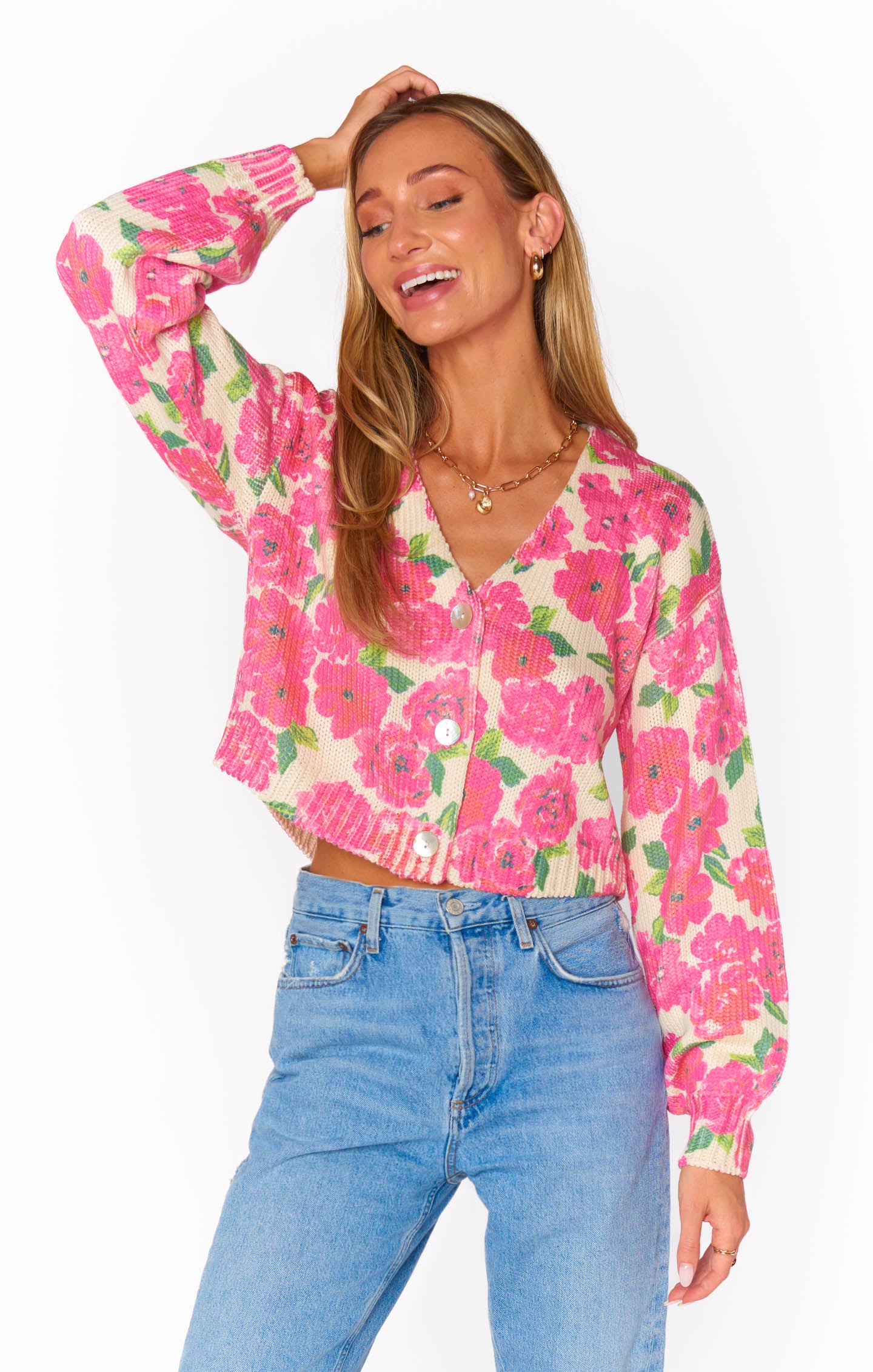 Floral Cropped Cardigan with V-Neck & Bishop Sleeves | Clemmie Cardi