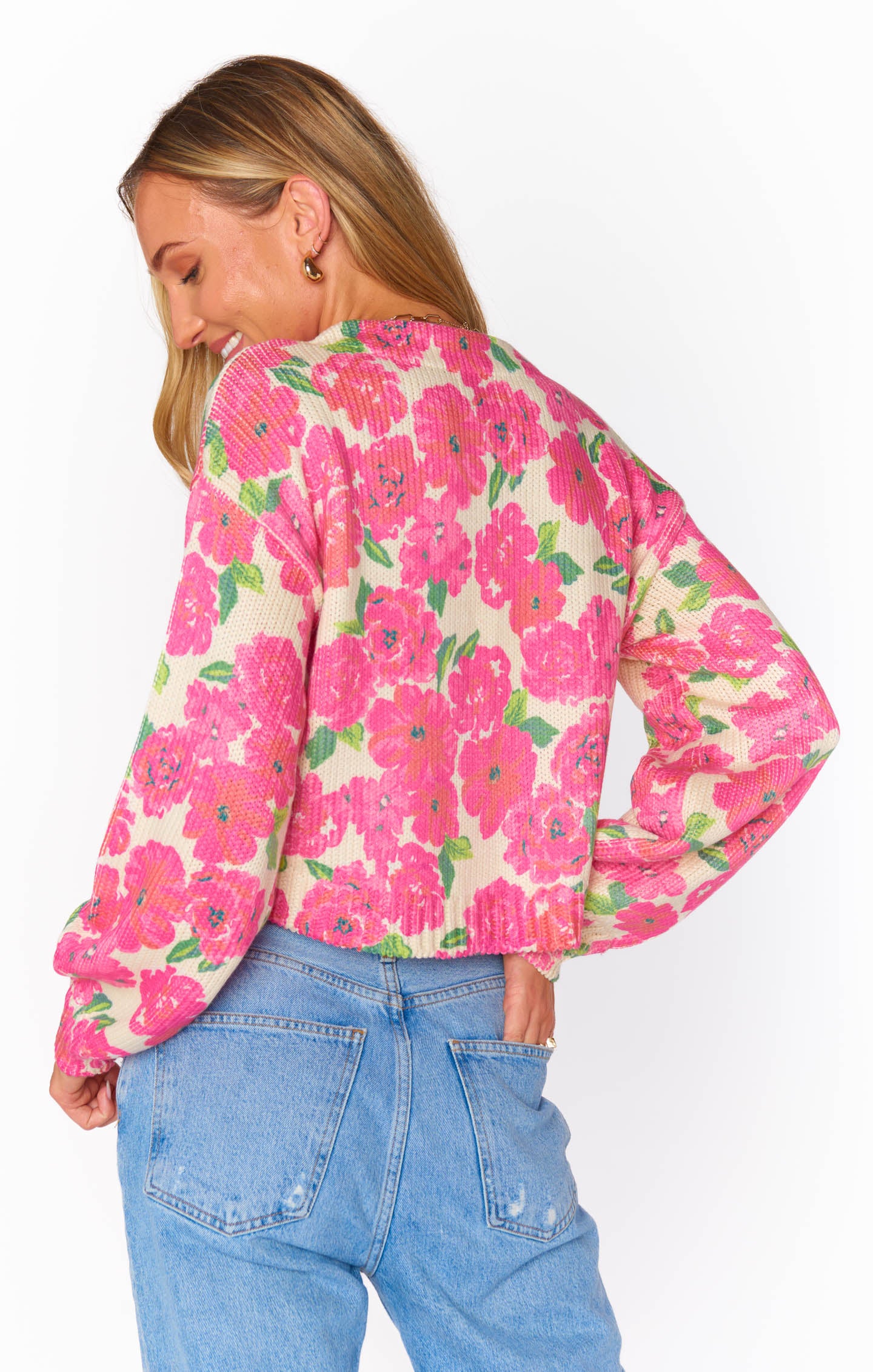 Floral Cropped Cardigan with V-Neck & Bishop Sleeves | Clemmie Cardi