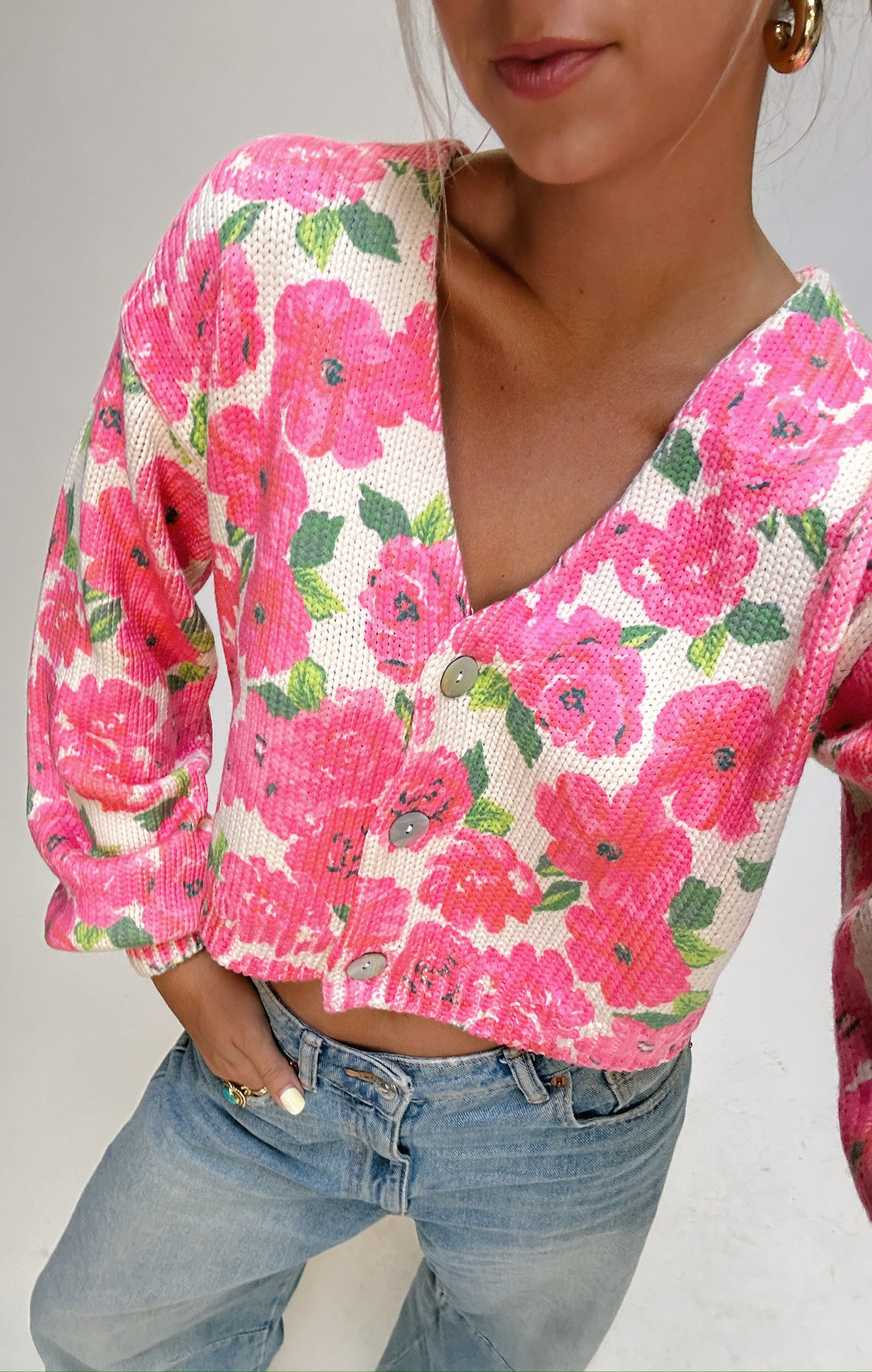 Floral Cropped Cardigan with V-Neck & Bishop Sleeves | Clemmie Cardi