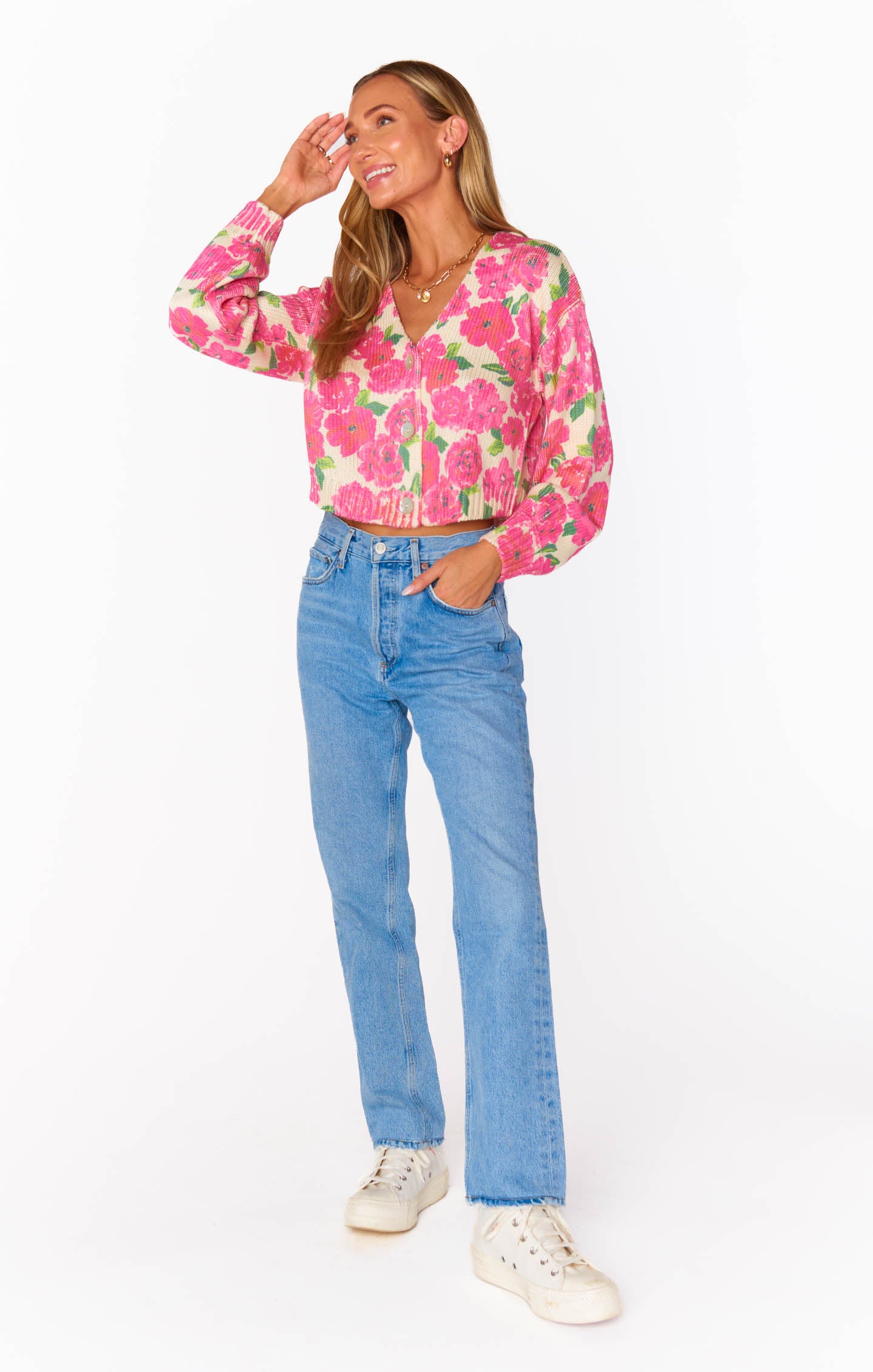 Floral Cropped Cardigan with V-Neck & Bishop Sleeves | Clemmie Cardi