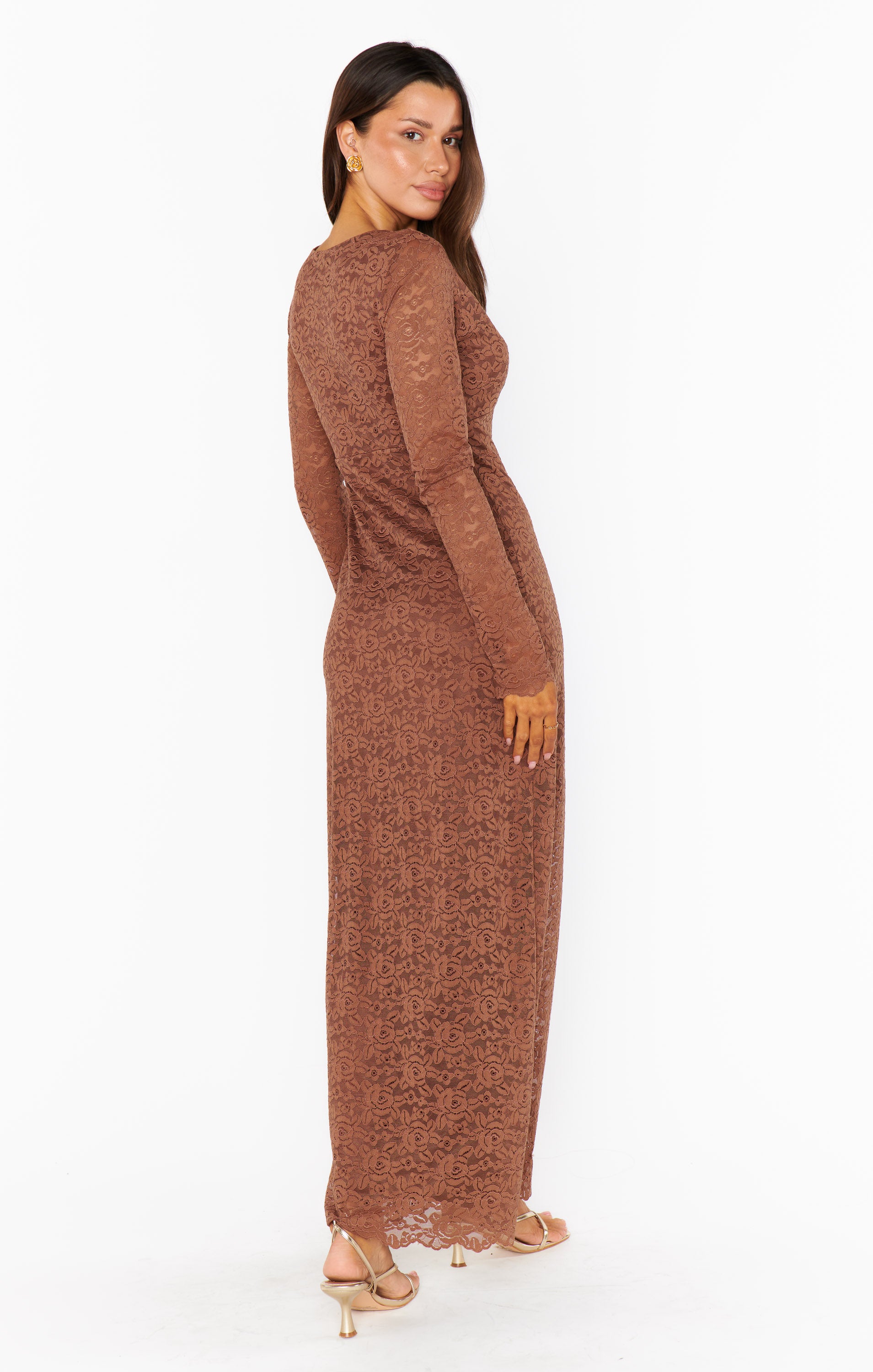 Brown Lace Maxi Dress with Gold Accents | Leah Dress