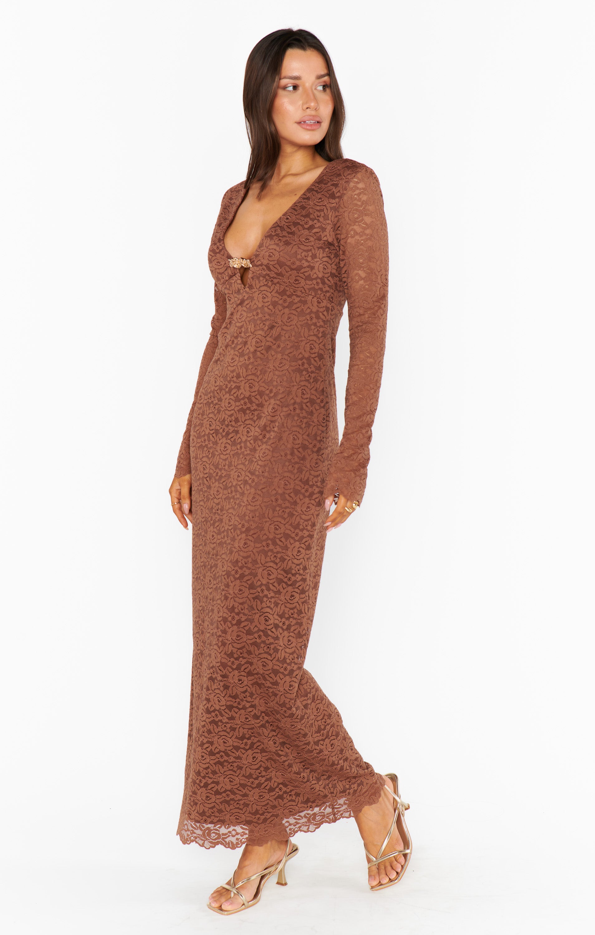 Brown Lace Maxi Dress with Gold Accents | Leah Dress