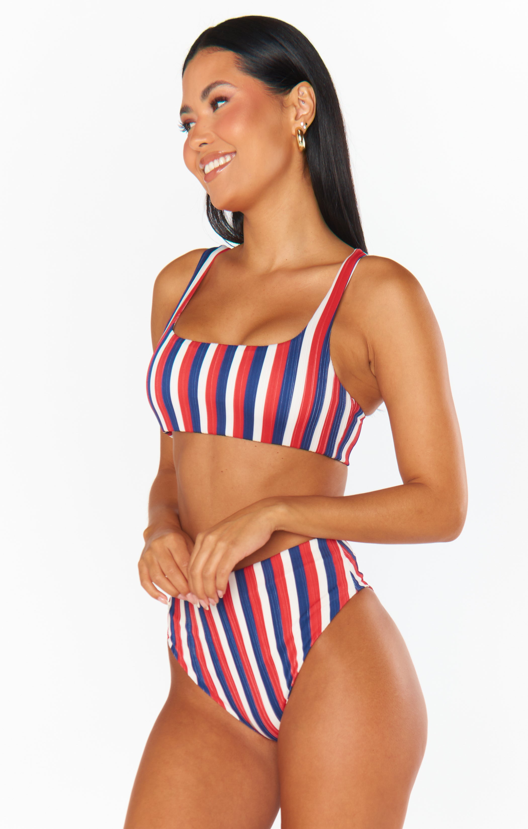 High Waisted Swim Bottoms - Americana Stripe Micro Rib | Sail Bottom
