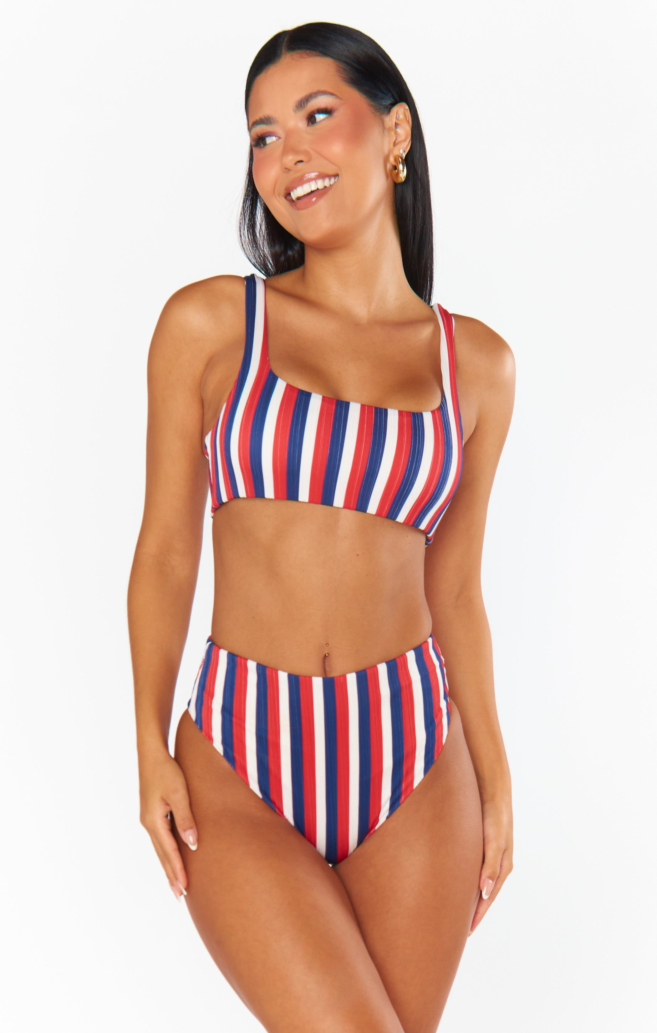 High Waisted Swim Bottoms - Americana Stripe Micro Rib | Sail Bottom