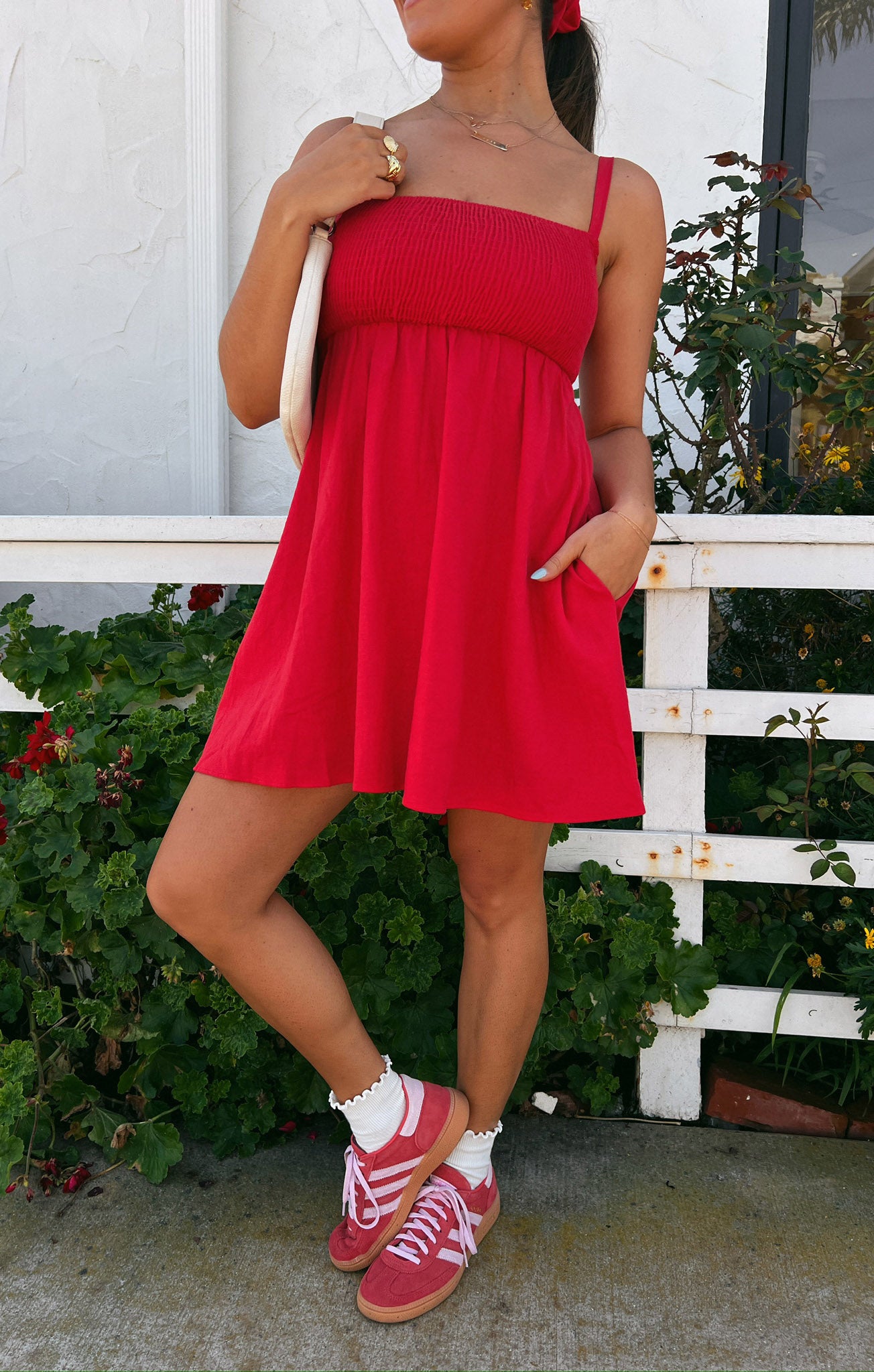 Red Linen Mini Dress with Smocked Bust & Empire Waist | Mallory