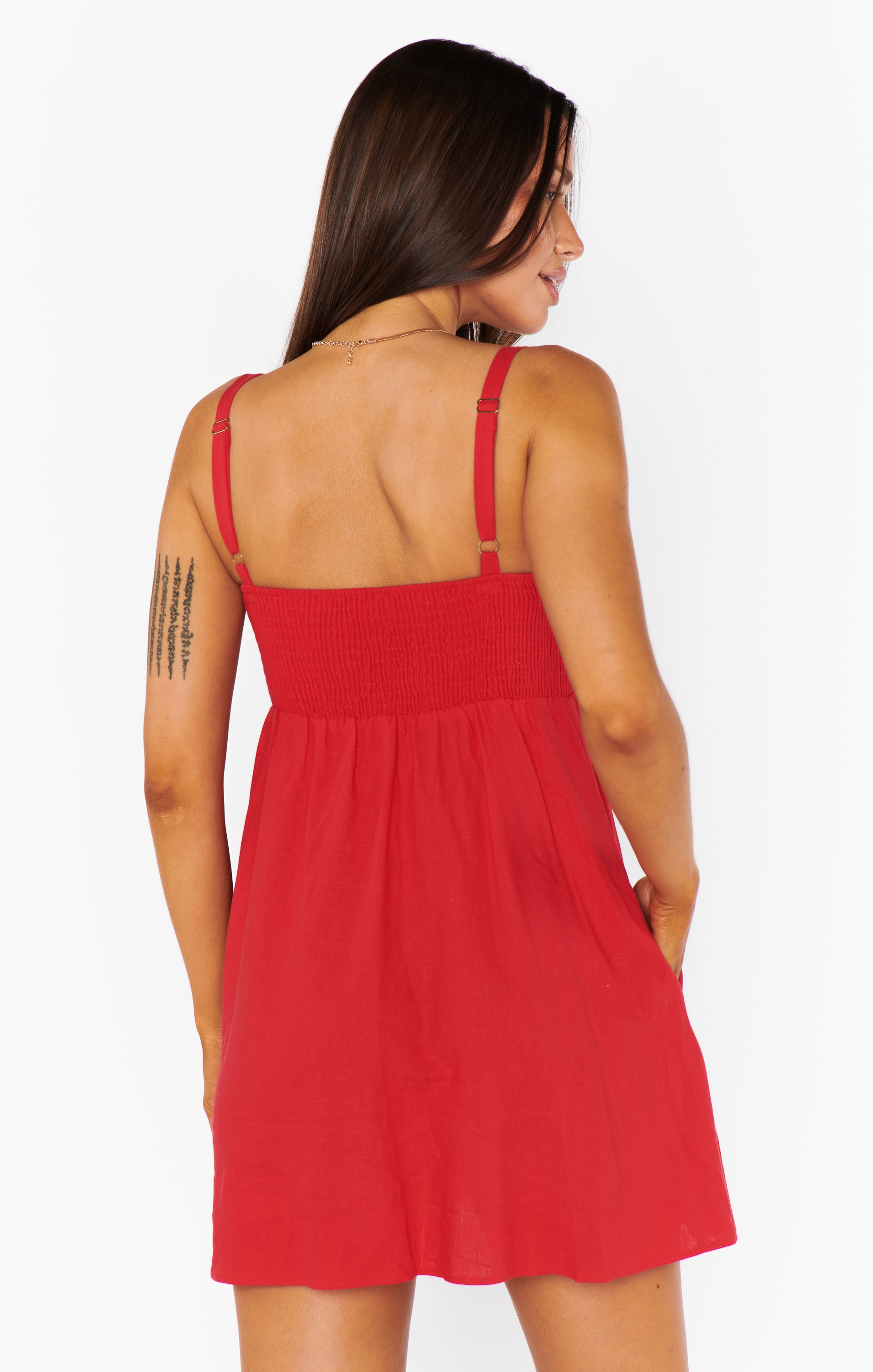 Red Linen Mini Dress with Smocked Bust & Empire Waist | Mallory