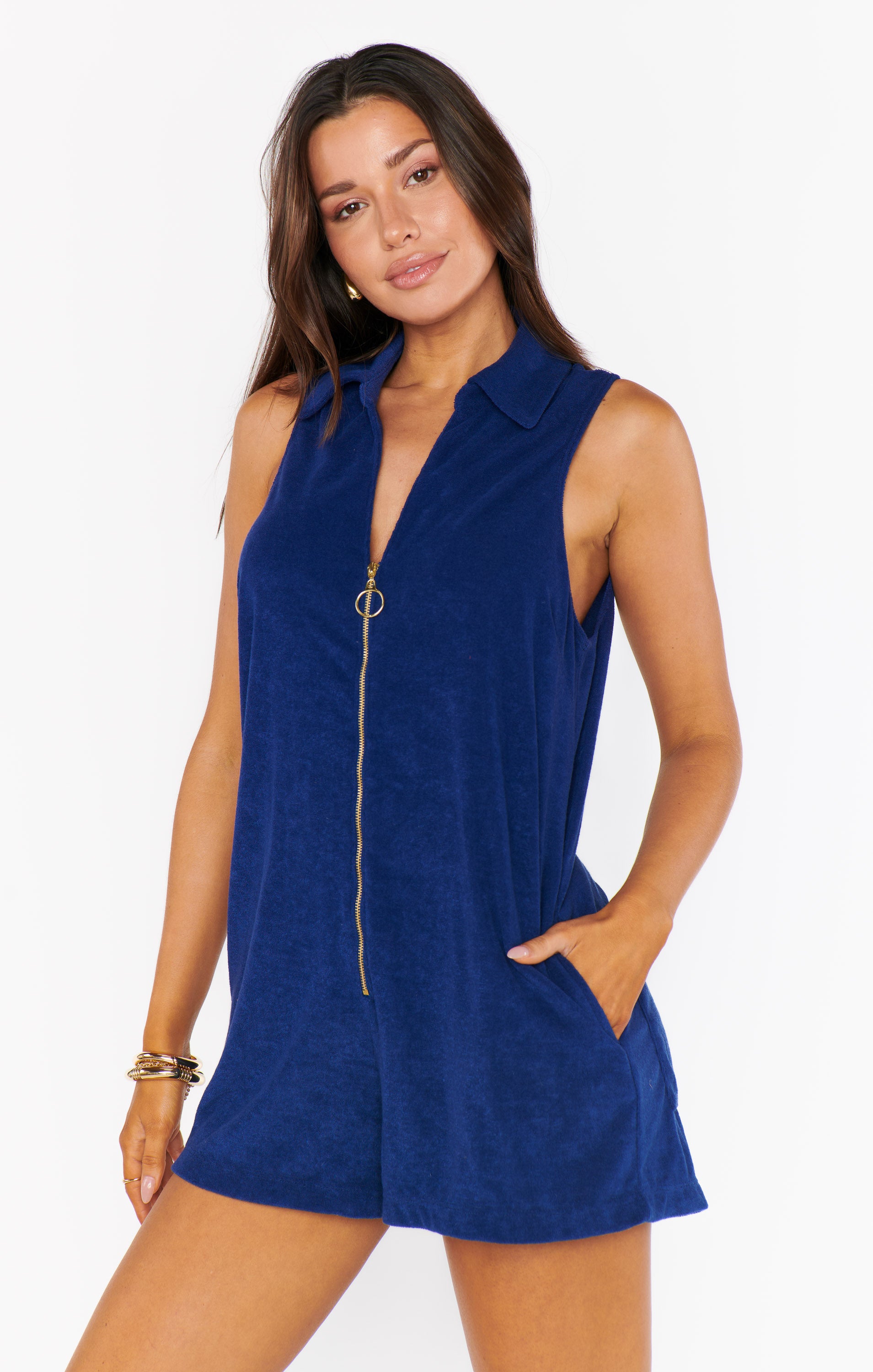 Zip-Front Terry Romper for Swim Coverup & Lounge | Reno Navy Blue