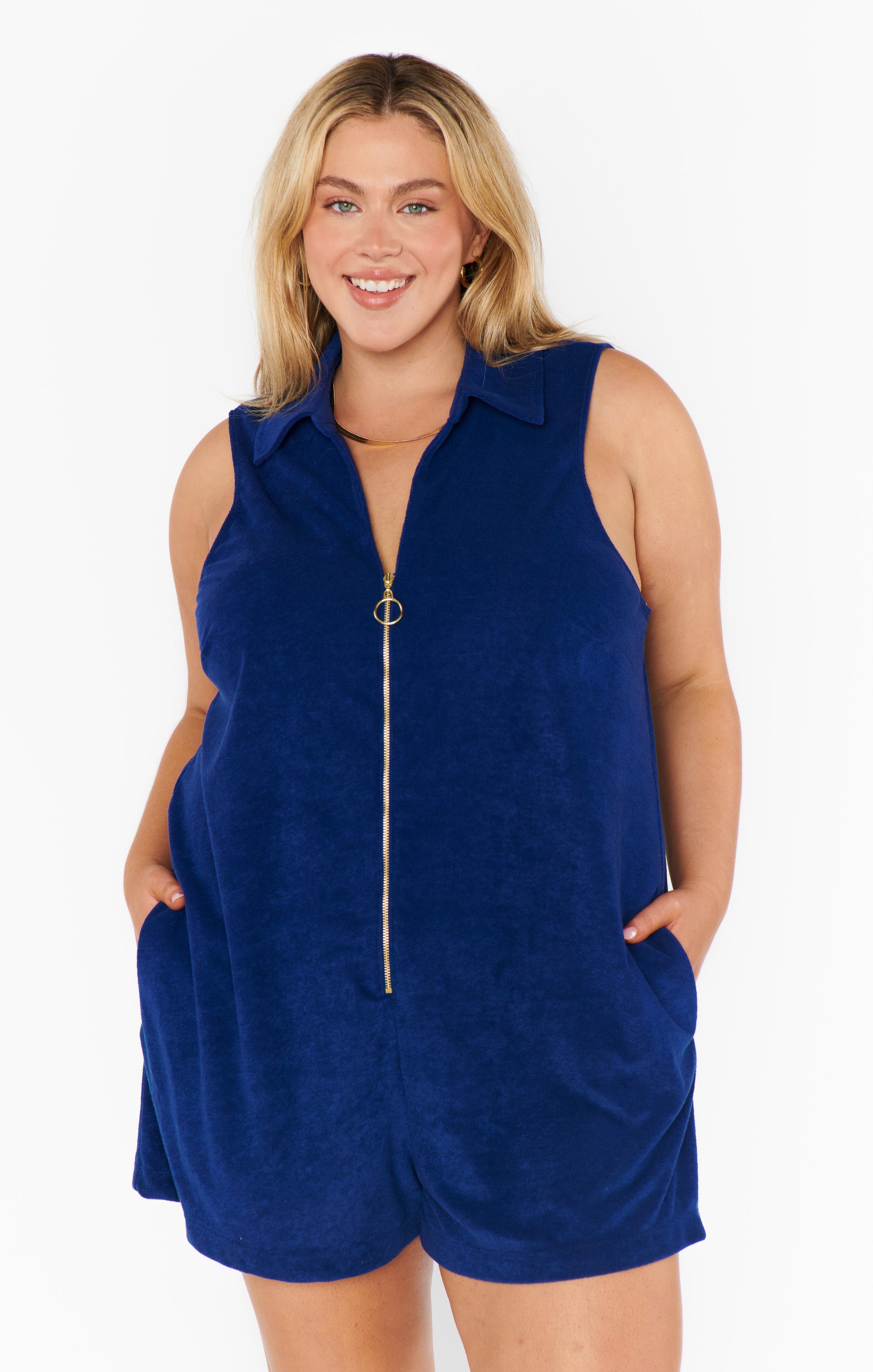Zip-Front Terry Romper for Swim Coverup & Lounge | Reno Navy Blue
