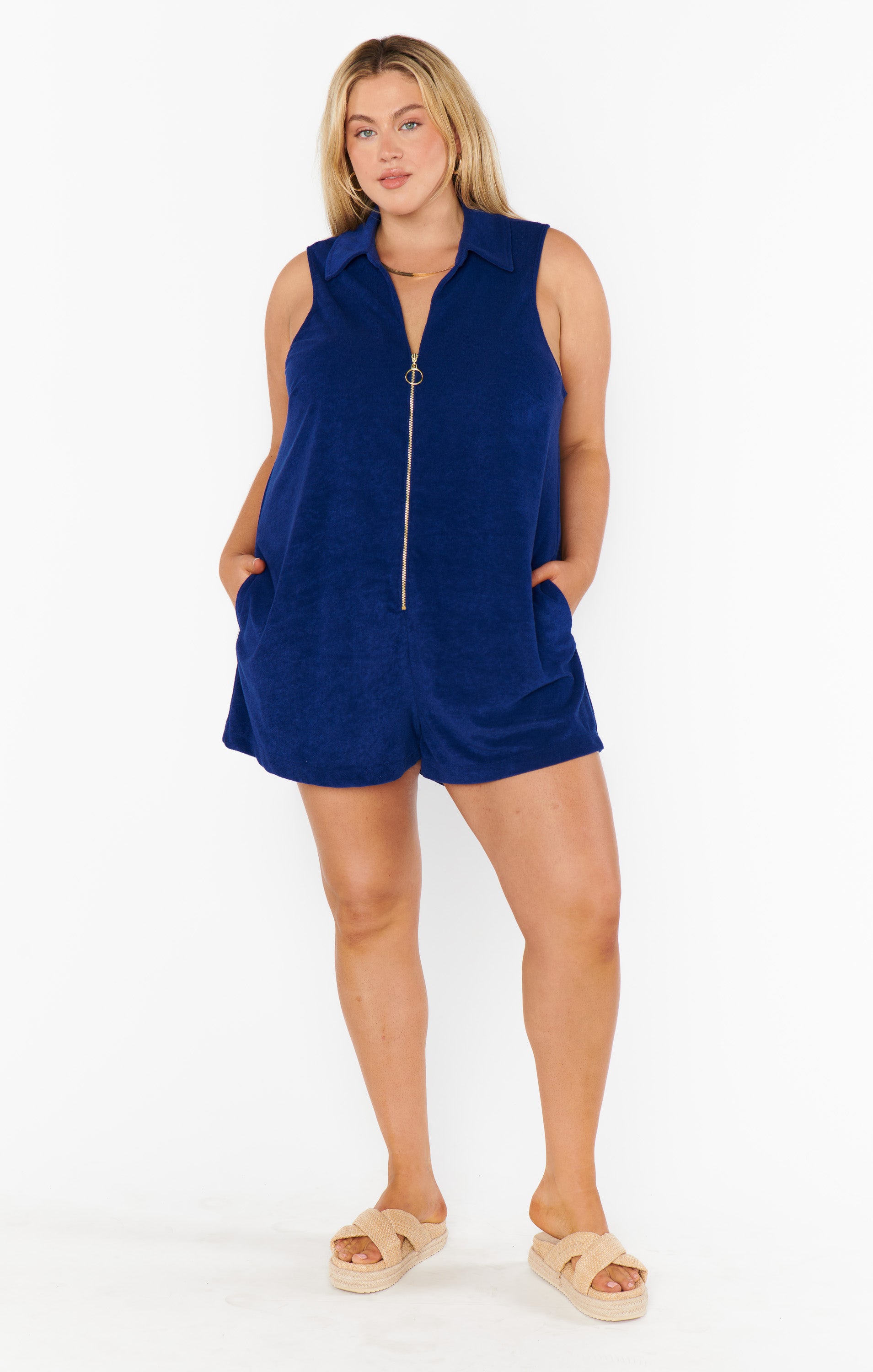 Zip-Front Terry Romper for Swim Coverup & Lounge | Reno Navy Blue