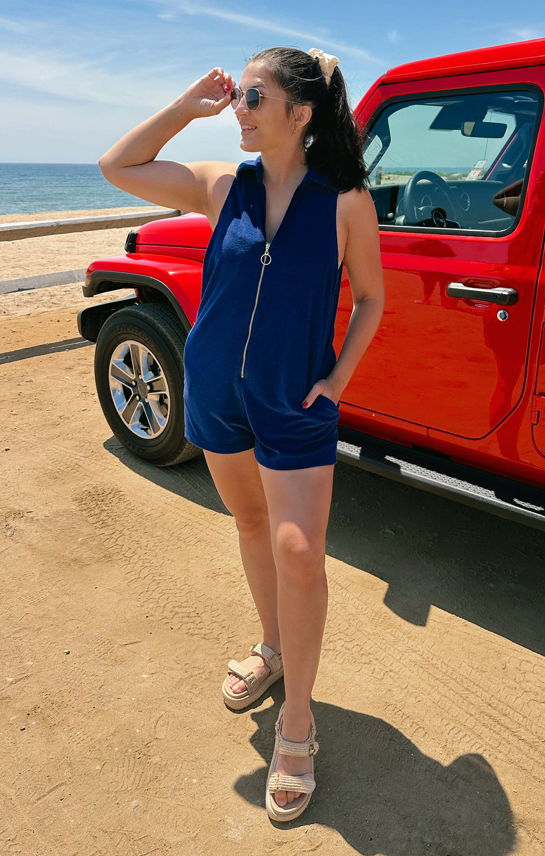 Zip-Front Terry Romper for Swim Coverup & Lounge | Reno Navy Blue