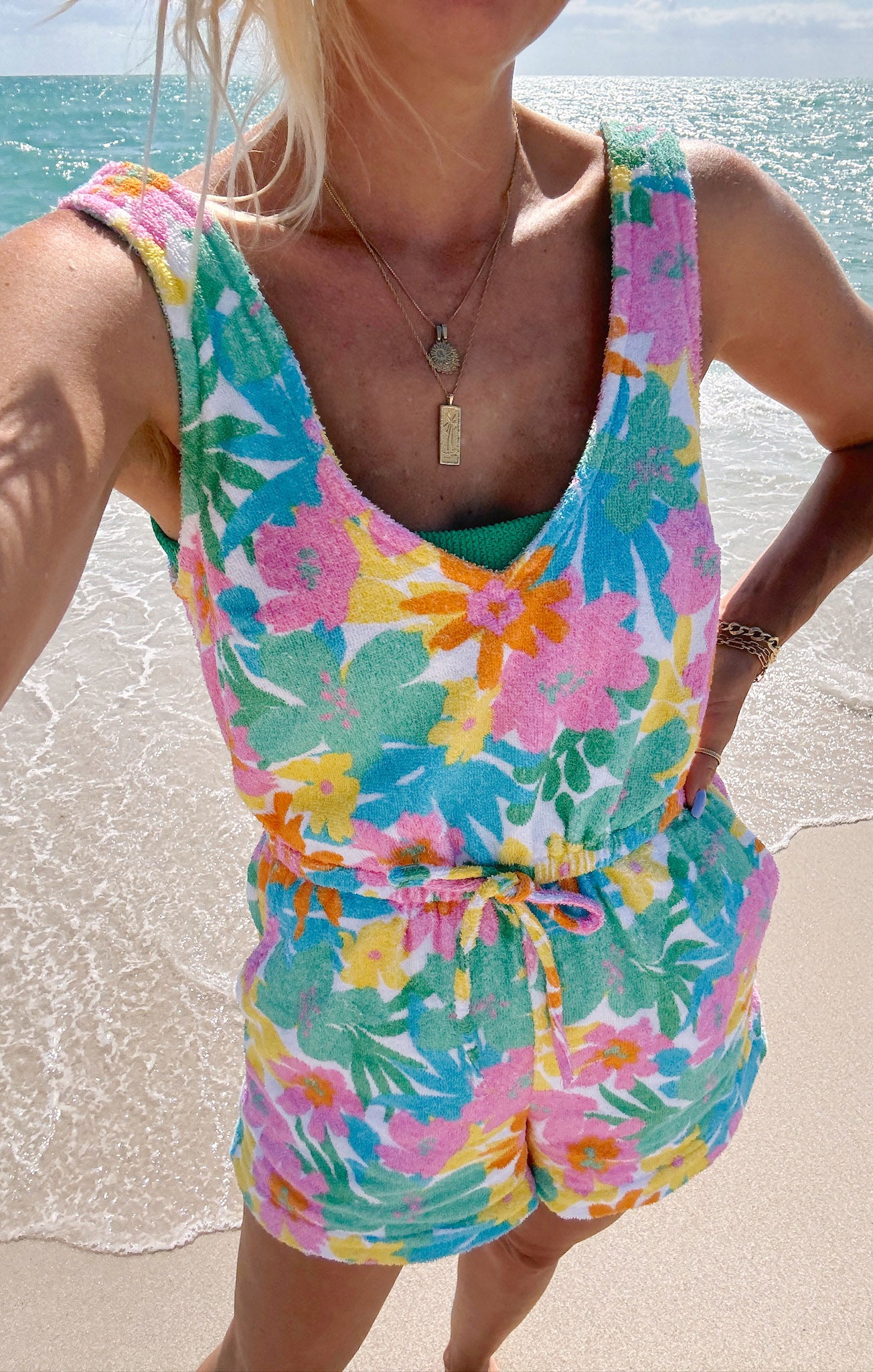 Floral Terry Romper with Pockets for Beach & Summer | Beach Boardwalk