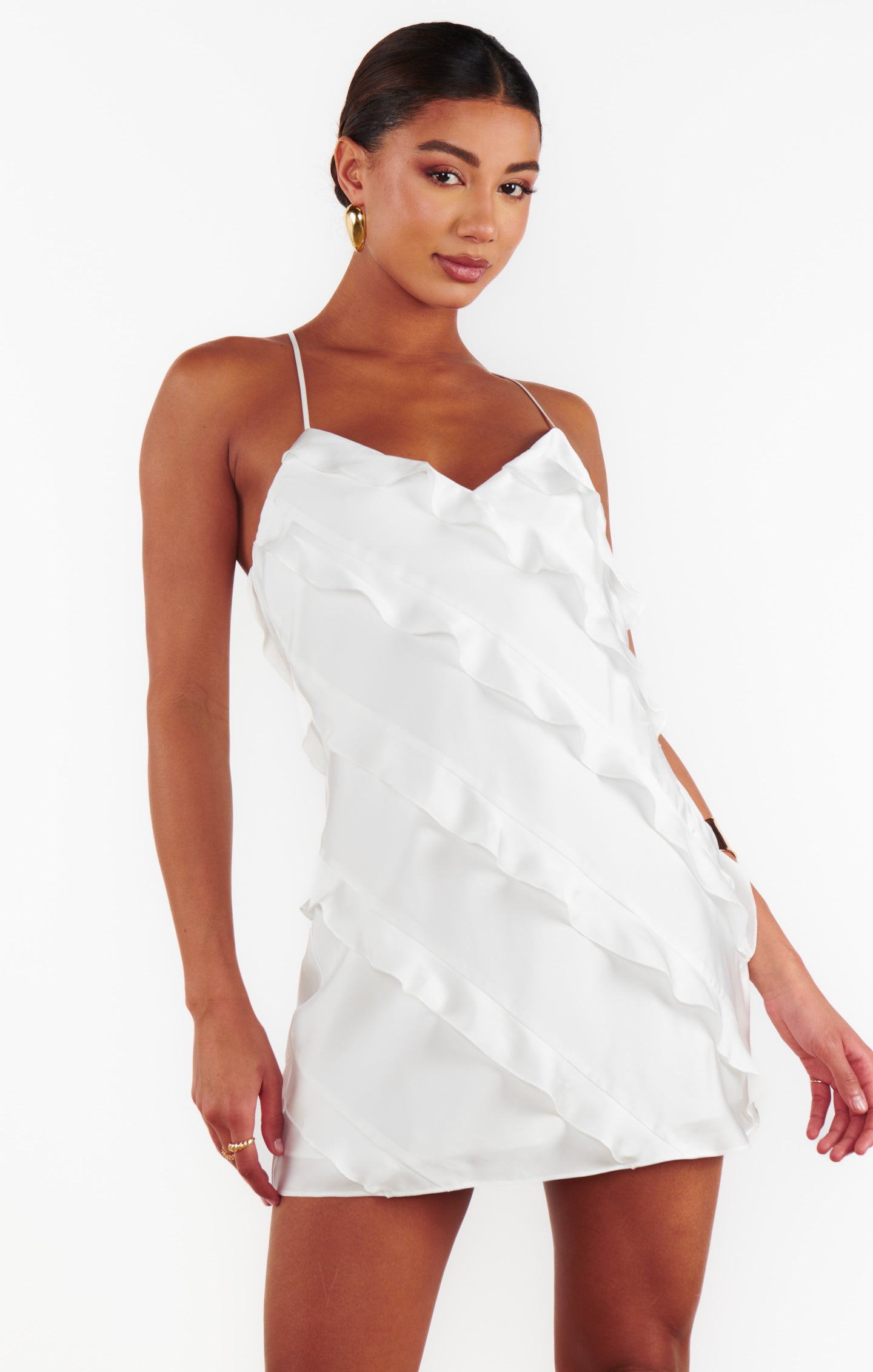 Ruffle Mini Dress in Luxe Satin for Bridal Events | Romance Ivory
