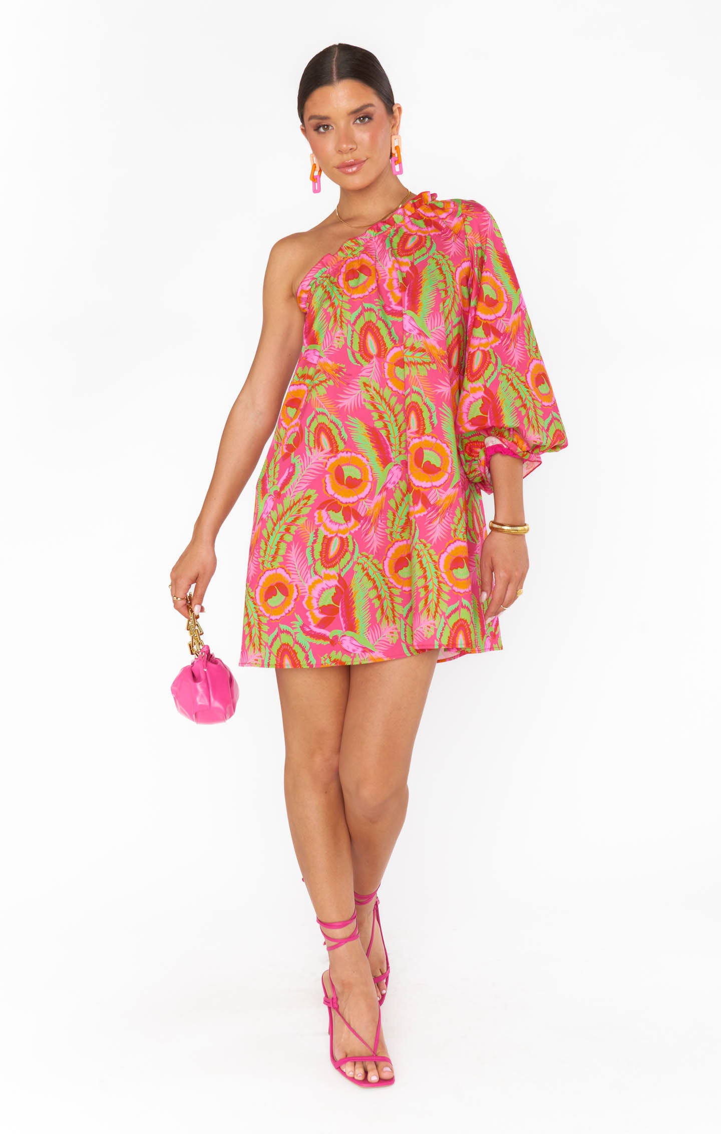 One Shoulder Mini Dress with Elastic Neck & Vibrant Print | Paradise Palms