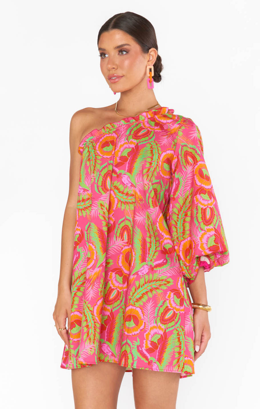 One Shoulder Mini Dress with Elastic Neck & Vibrant Print | Paradise Palms