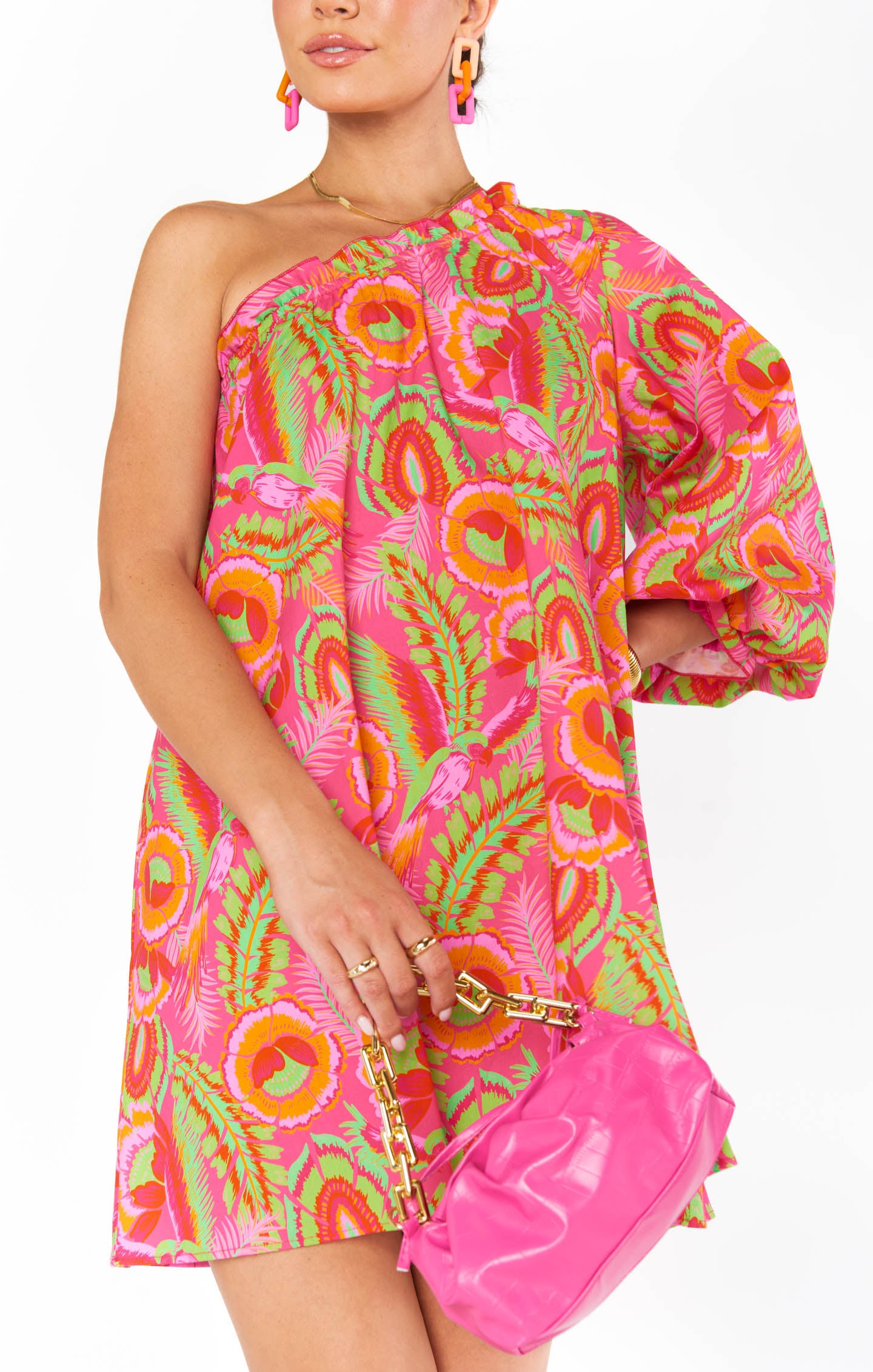 One Shoulder Mini Dress with Elastic Neck & Vibrant Print | Paradise Palms