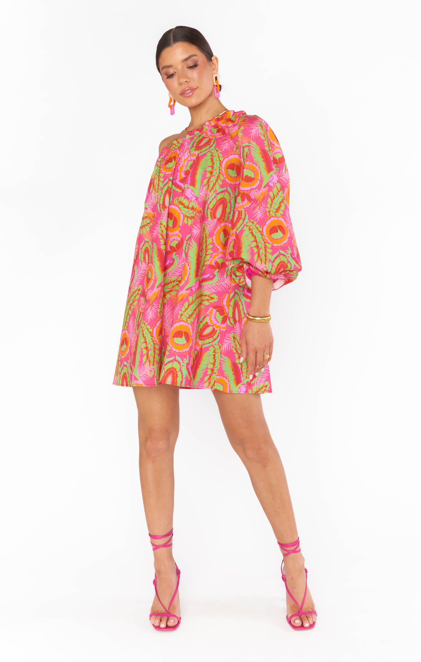 One Shoulder Mini Dress with Elastic Neck & Vibrant Print | Paradise Palms