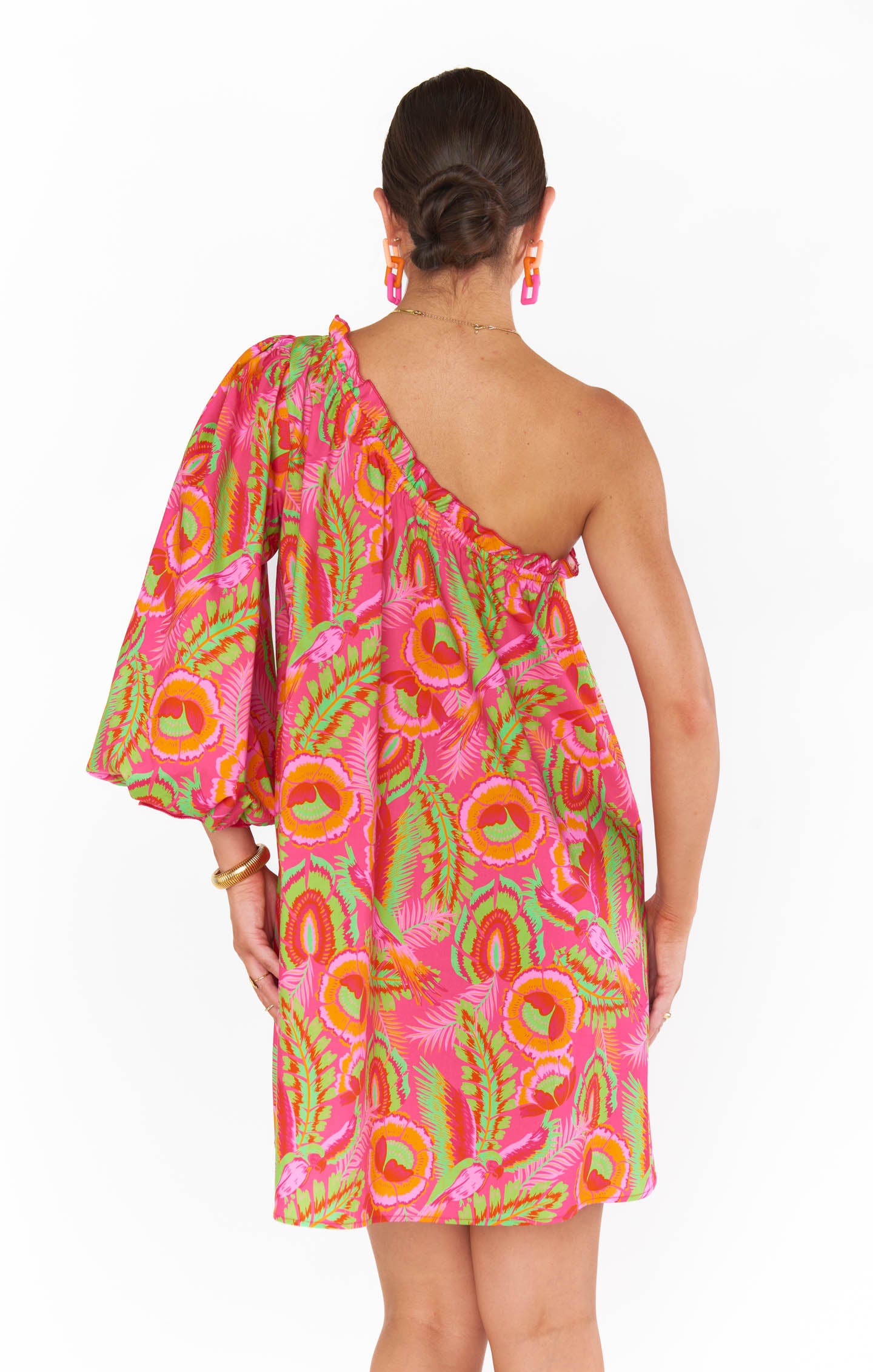 One Shoulder Mini Dress with Elastic Neck & Vibrant Print | Paradise Palms