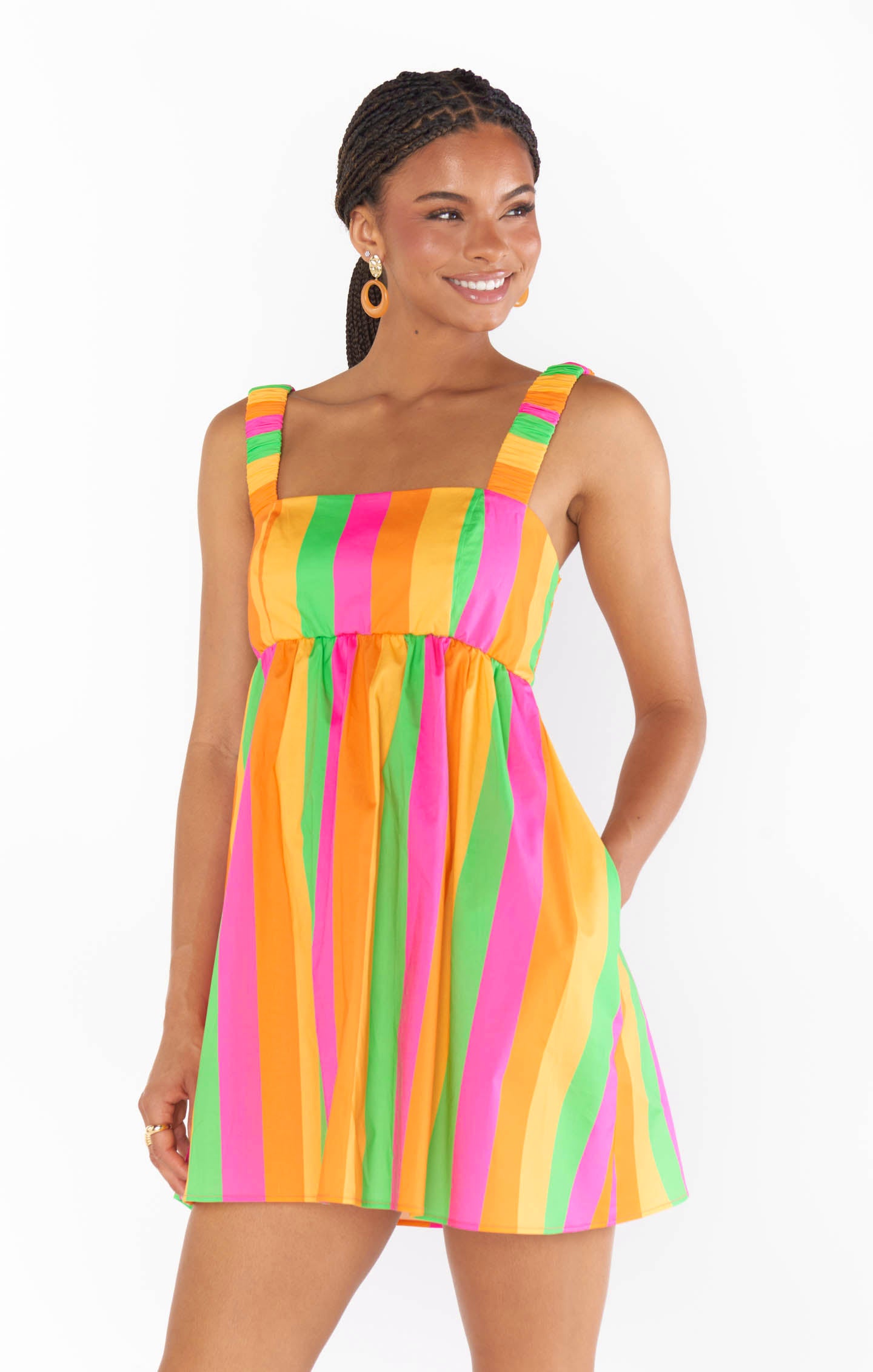 Neon Stripe Poplin Mini Dress with Smocked Straps | Fling