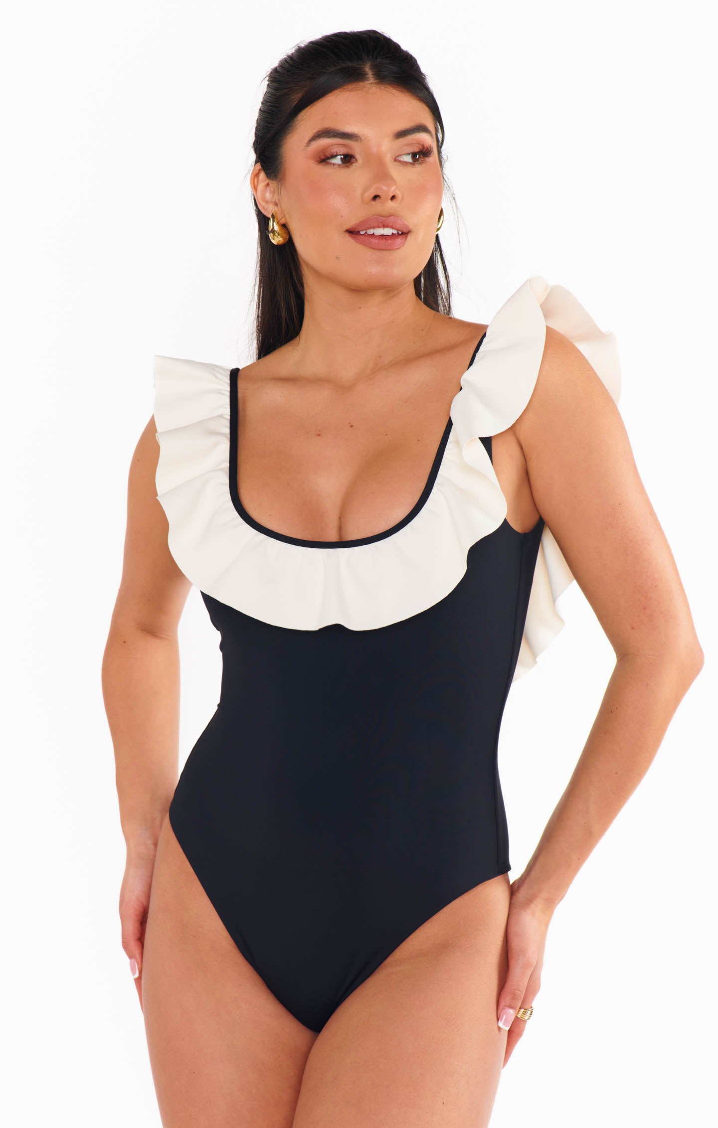 White Black Colorblock One Piece Swimsuit with Ruffles | Ritz