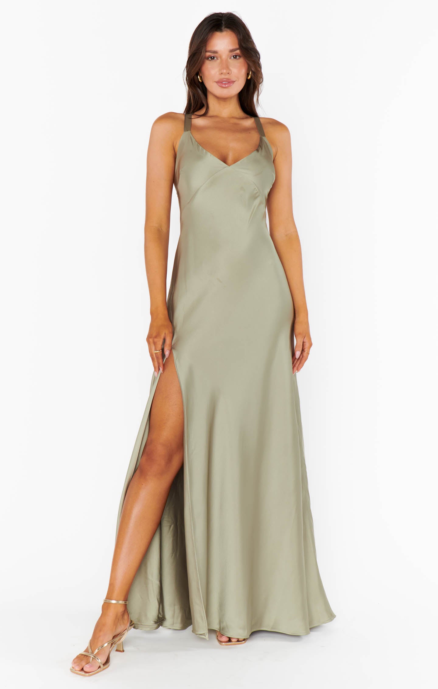 Moss Green Satin Maxi Dress with Open Back | Anderson Luxe