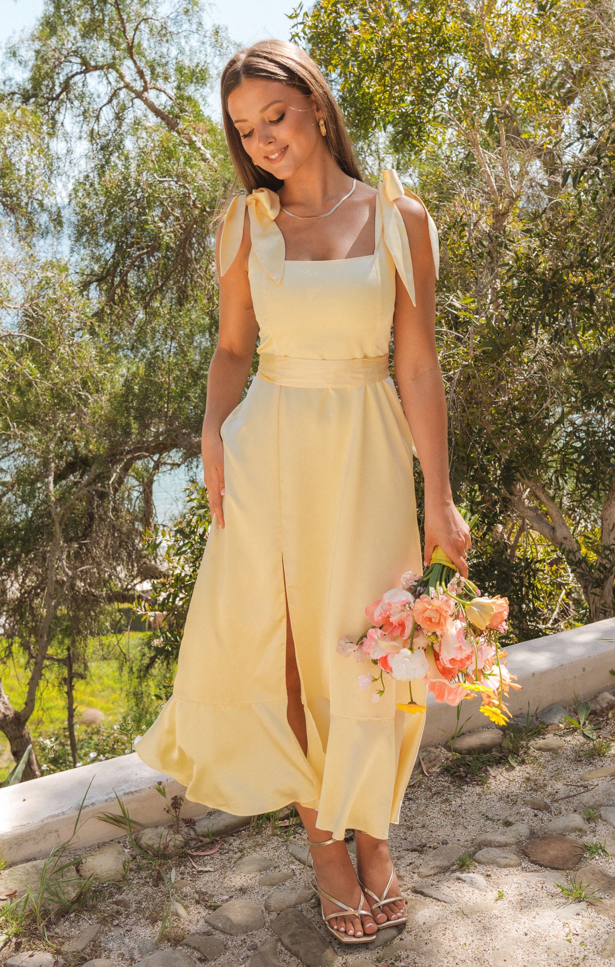 Floral Midi Dress with Adjustable Tie Straps & Side Slit | Pale Yellow Satin