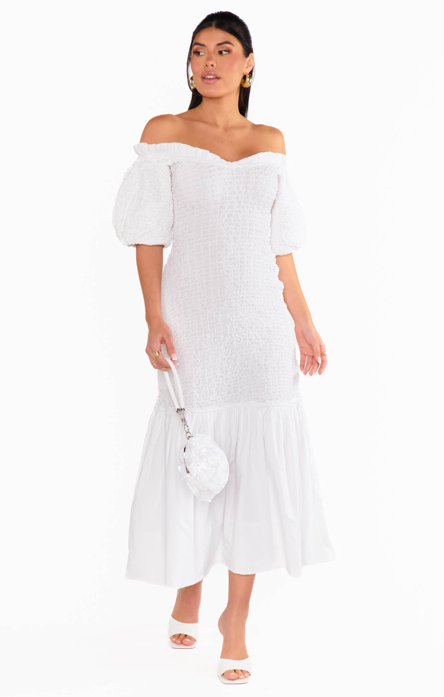 Off-the-Shoulder White Midi Dress for Date Nights | Rom Com Dress