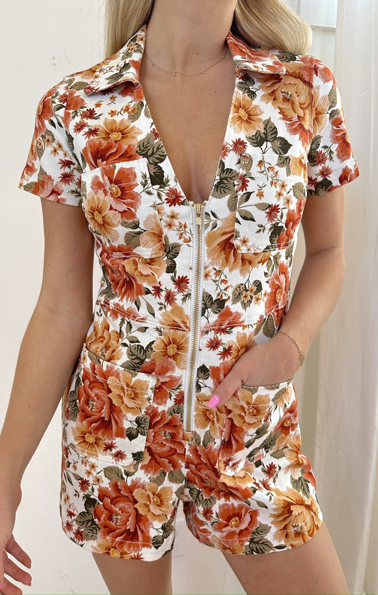 Denim Romper with Zippered Front & Embroidered Pockets | Ranch Romper