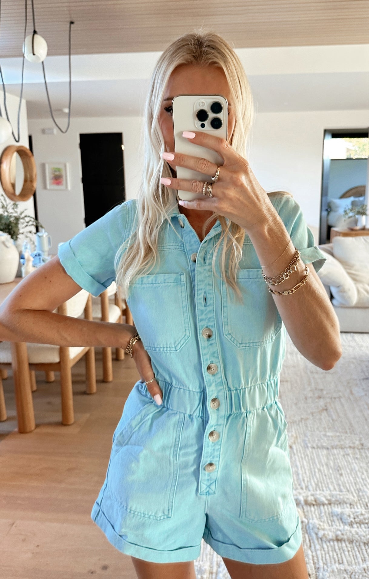 Denim Romper with Button Front & Elastic Waist | Spring Blue